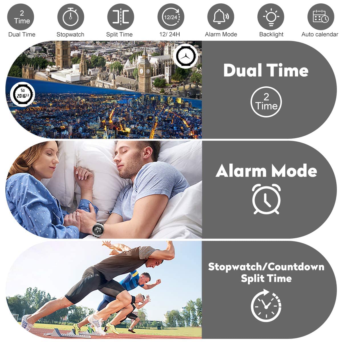 Orologio sportivo da uomo, impermeabile, cronometro, data, sveglia, luminoso, digitale, analogico, militare, con cinturino in gomma