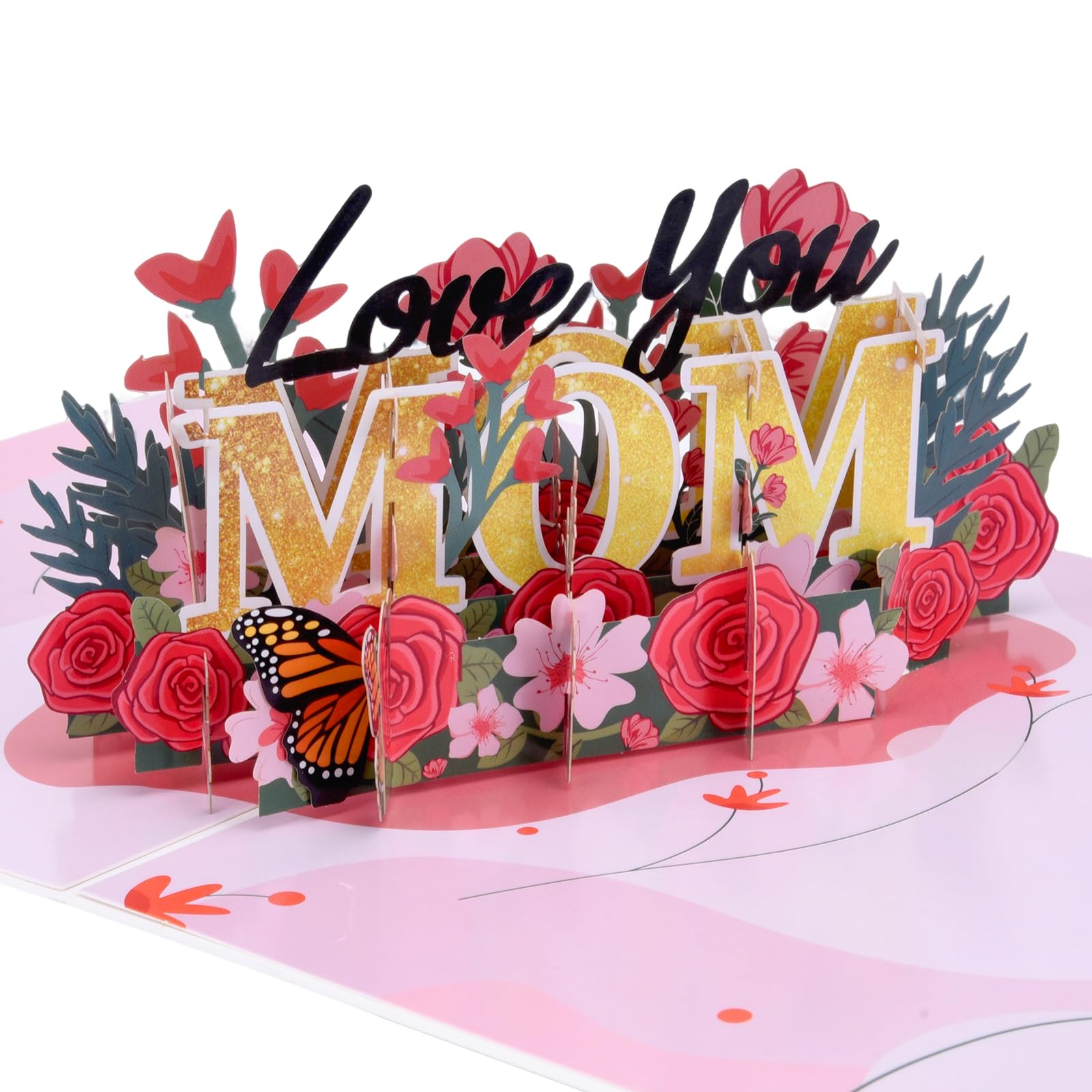 Love You Mom Pop Up Card, Flower, Heart Shaped Symbol, Gift For Birthday, Mothers Day, Anniversary, Valentines Day, Mom, Godmother, Mother in Law, 5x7