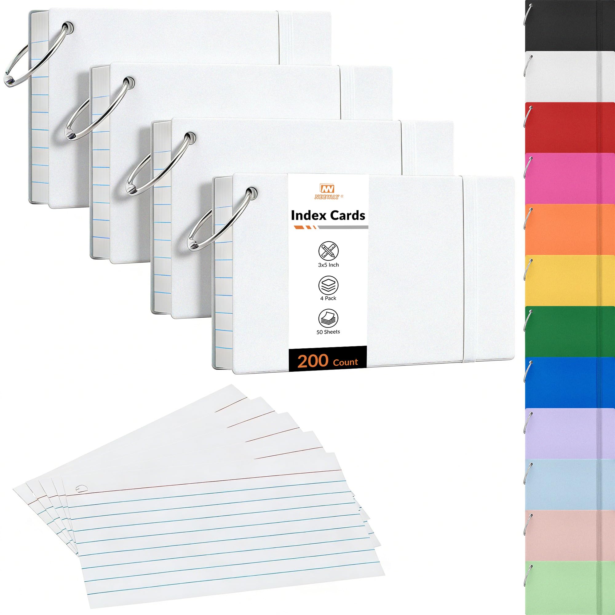 NEEWAY Ruled Index Cards with Ring 3x5 Inches, 200 Count Note Cards Lined, Flash Cards with Rings for Studying, Home and Office (White)