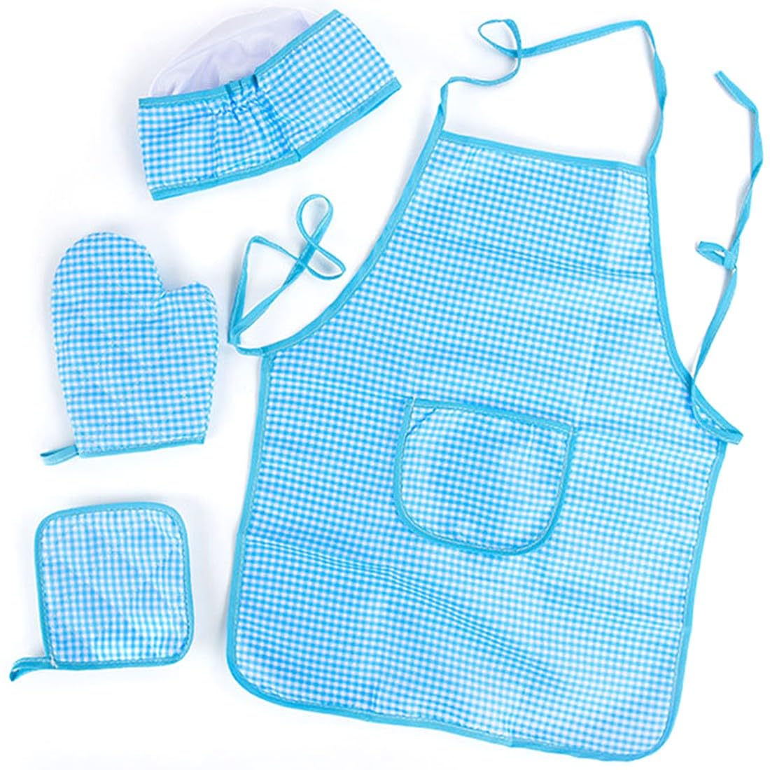 KUMSODE Juego de 4 piezas Niños Delantal y Gorro de Cocinero,Guantes, Almohadilla Térmica, Ajustable Niñito Delantales de Cocina Chef para Cocinar Hornear Pintura Artesanía (Azul)
