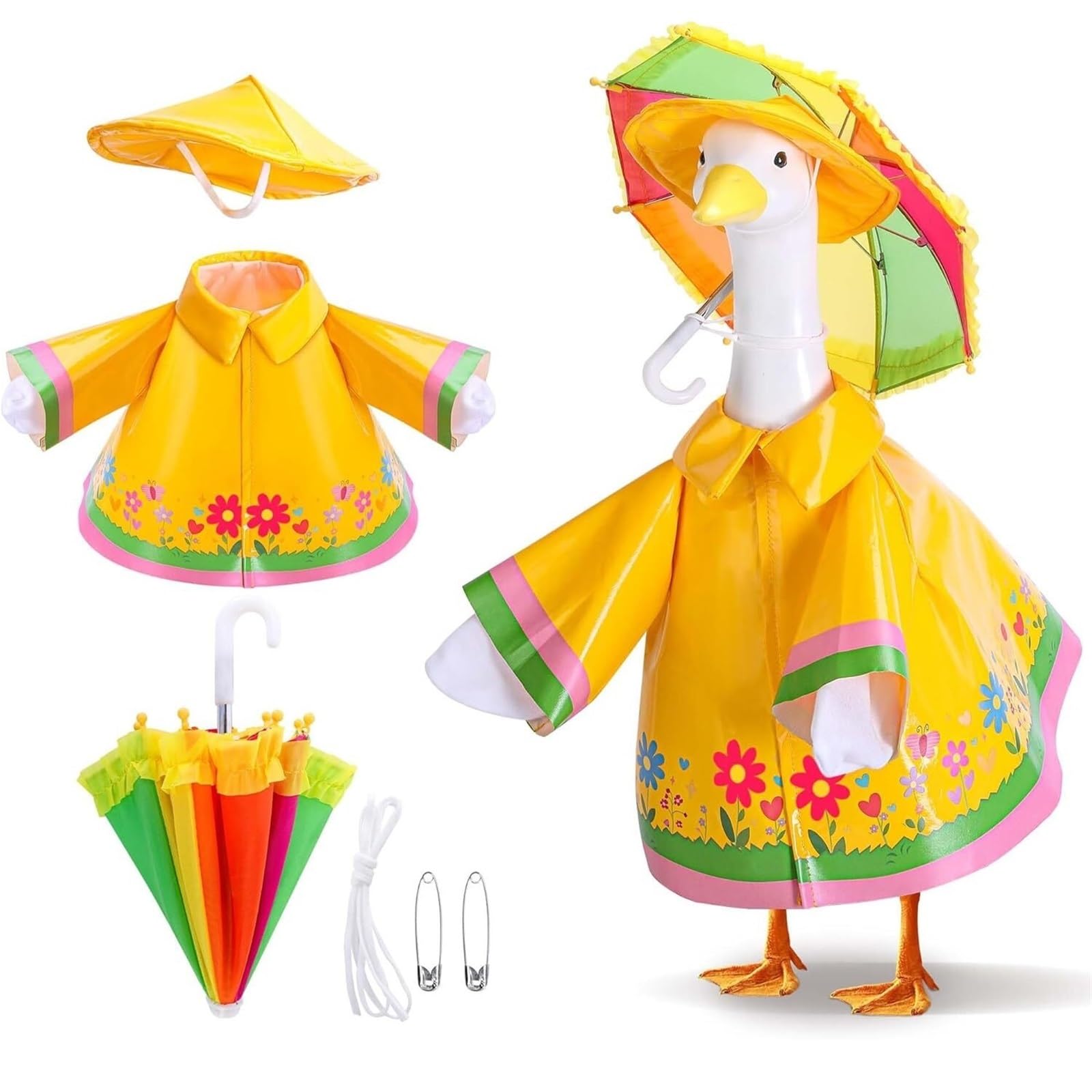 Dazhua Raincoat Goose Costume Set for 23" Garden Statues - Summer Lawn Decoration with Umbrella and Hat(3IN1 Yellow)