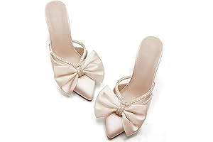 Womens Bow Heels Mules Pointed Closed Toe Sandals Rhinestone Satin Backless Wedding Shoes