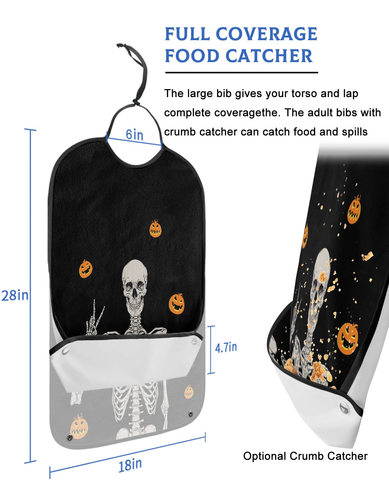 LEOKOTI Funny Skeleton Adult Bibs for Eating, Waterproof Bibs with Food Catcher & Adjustable Snap Closure, Fall Pumpkin Black Backdrop Washable Clothing Protectors Adult Bibs for Elderly Women/Men