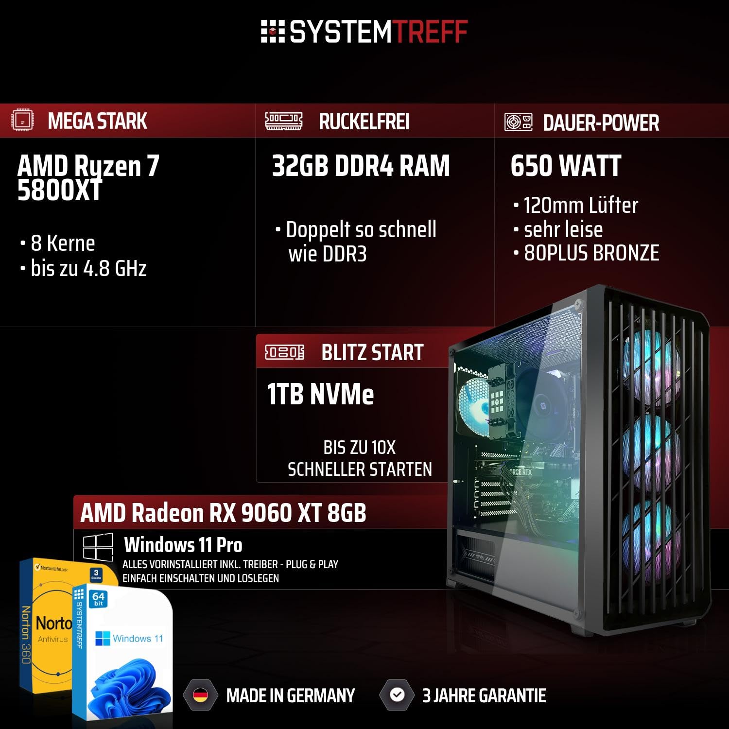SYSTEMTREFF Gaming Komplett PC Set - AMD Ryzen 7 5800XT - RX 9060 XT 8GB
