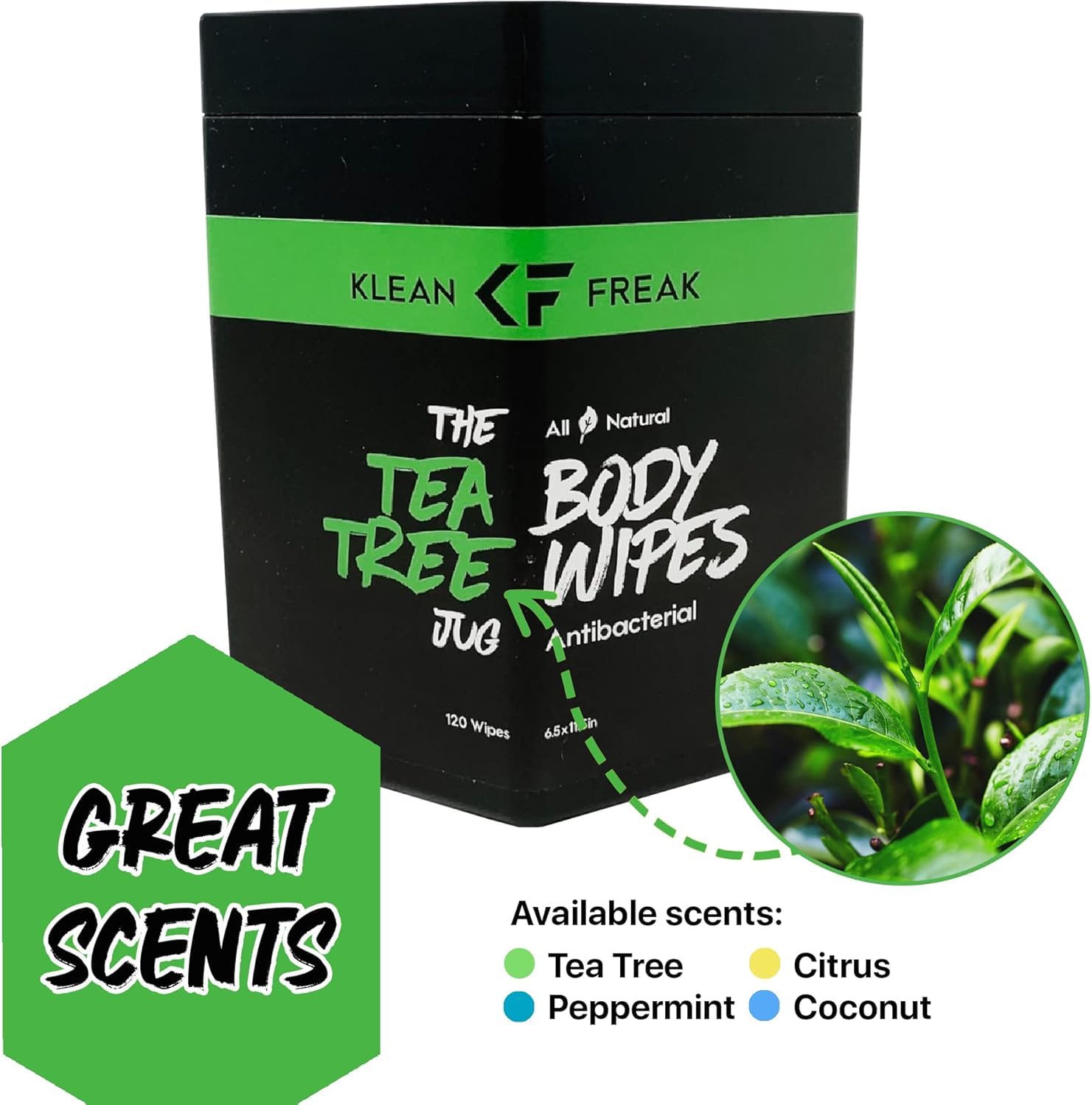Klean Freak Salviette per il corpo – per viso e corpo, senza acqua, elimina sudore e odori, grande consistenza, viaggi, palestra, campeggio e molto altro ancora, brocca da 120 ct (tea tree)