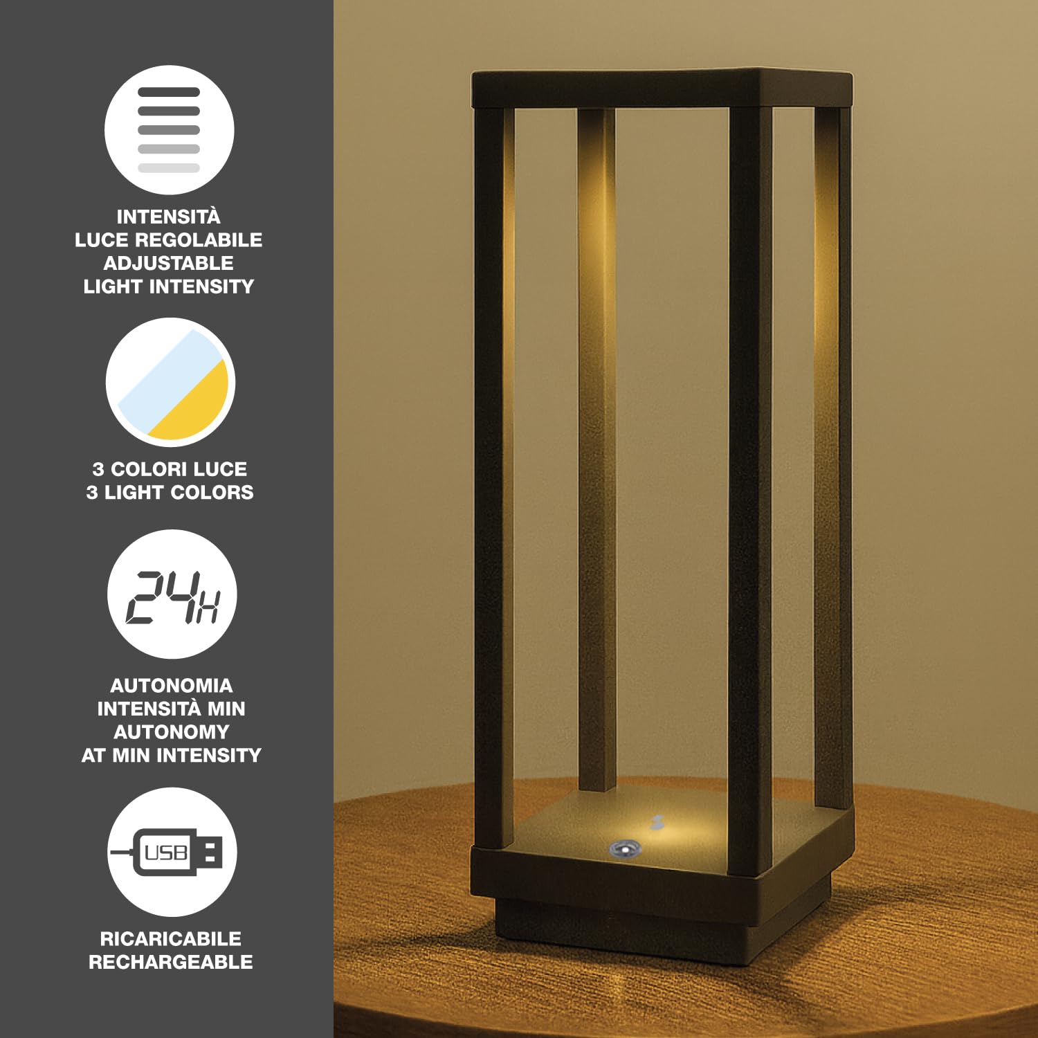 BEPER P207ILI103 Lanterna LED Ricaricabile, Lampada da Tavolo Dimmerabile 3 Luci (Calda, Naturale, Fredda), Autonomia 24h, USB, IP44 per Interno ed Esterno