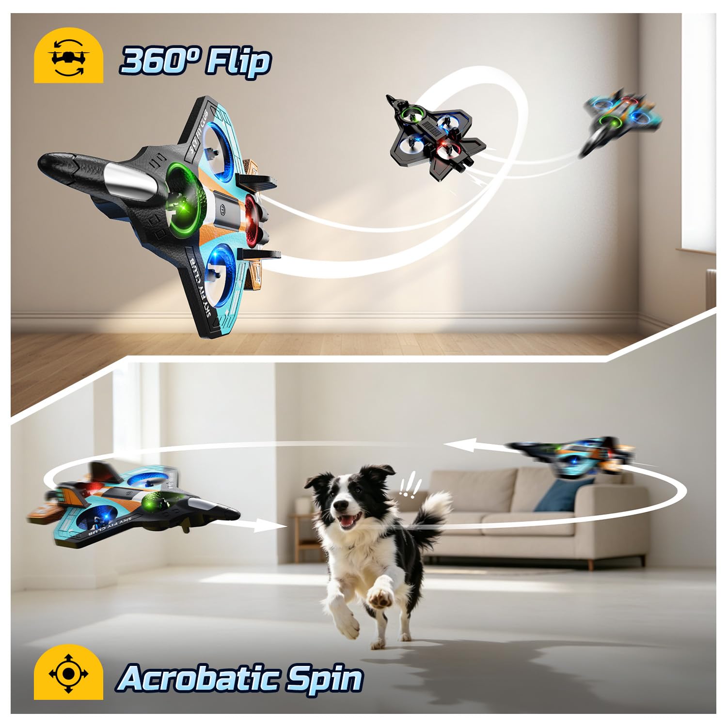 DEERC Avión de espuma RC para niños, avión teledirigido con altitud, volteos 3D y luces LED, 2 baterías, avión teledirigido para principiantes para niños y niñas (azul y naranja)