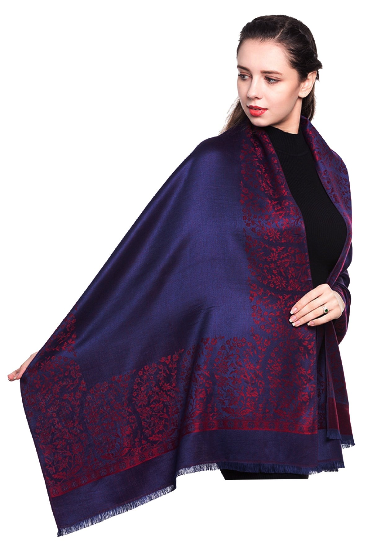 World of Shawls Reversible/Two Sided Print Self Embossed Pashmina Feel Wrap Scarf Stole Scarves Shawl (Indigo/Red)