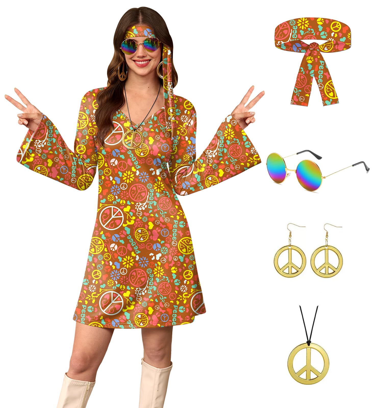 For G and PL Women's 5 Pcs Halloween 60s 70s Hippie Flare Sleeve Costume Disco Dress Brown S