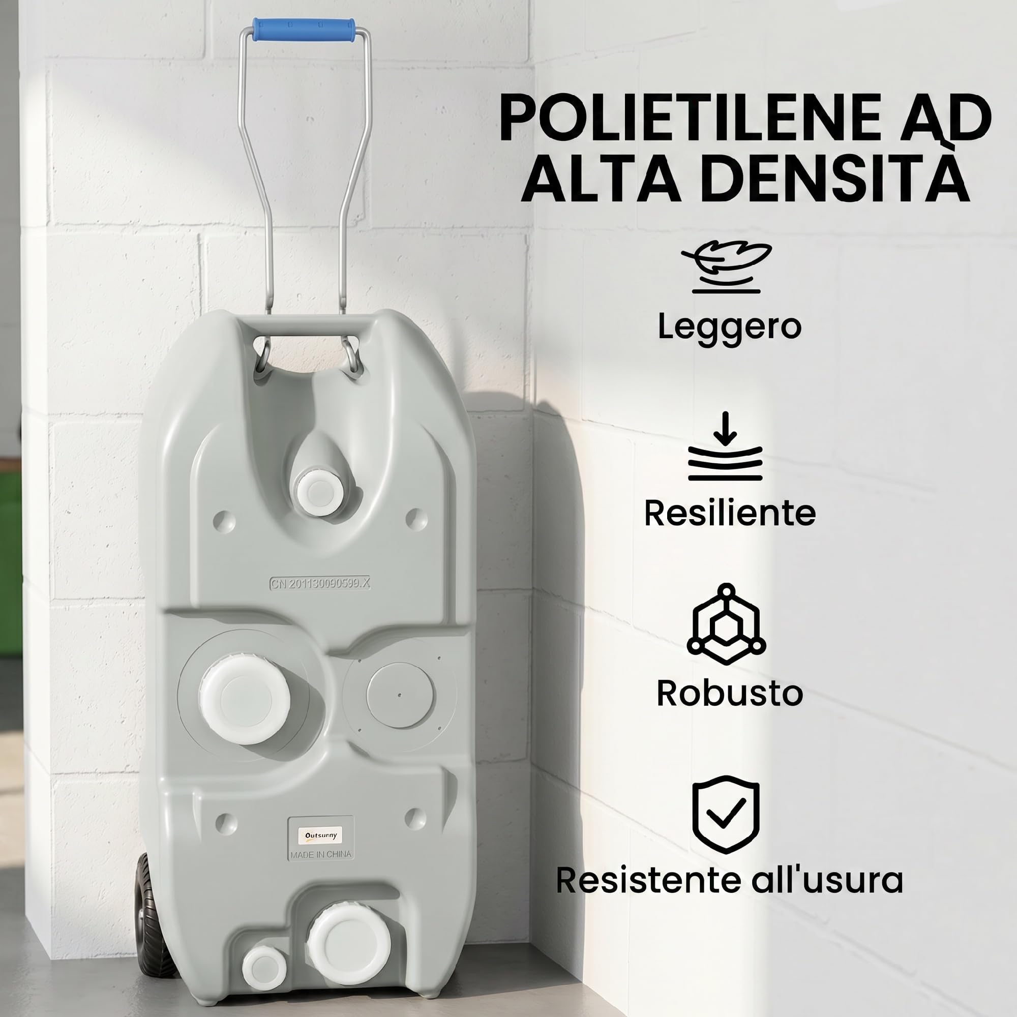 Outsunny Serbatoio Acqua 40L da Campeggio con Ruote, Tanica Acqua Reflue per Camper e Roulotte con Maniglia Regolabile, Tubo e Rubinetto Inclusi, Grigio