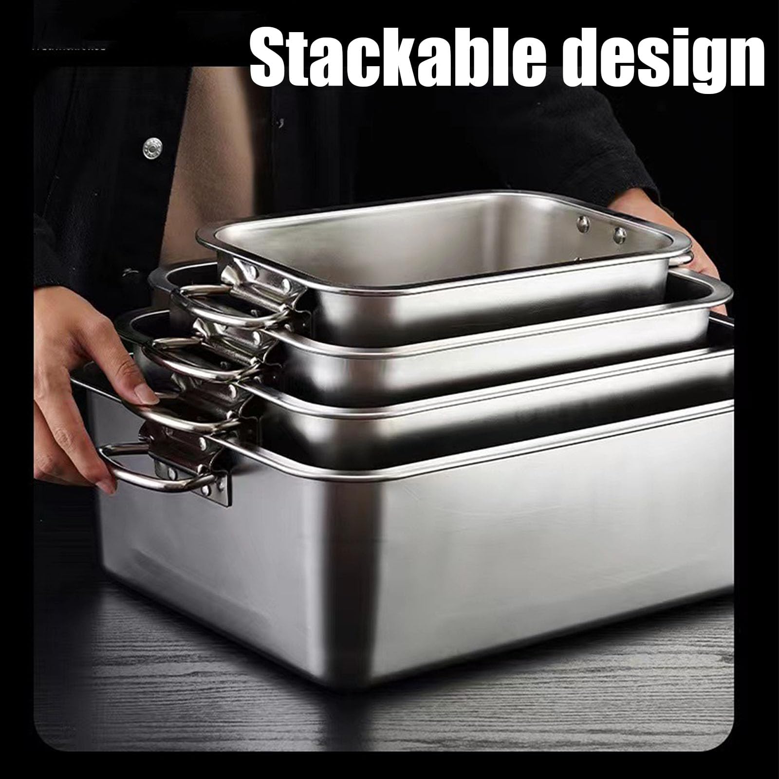 Sartenes Gastronorm de acero inoxidable,Sartén apilable for catering,Rozaduras de alimentos comerciales de metal(60 * 40cm,10cm)