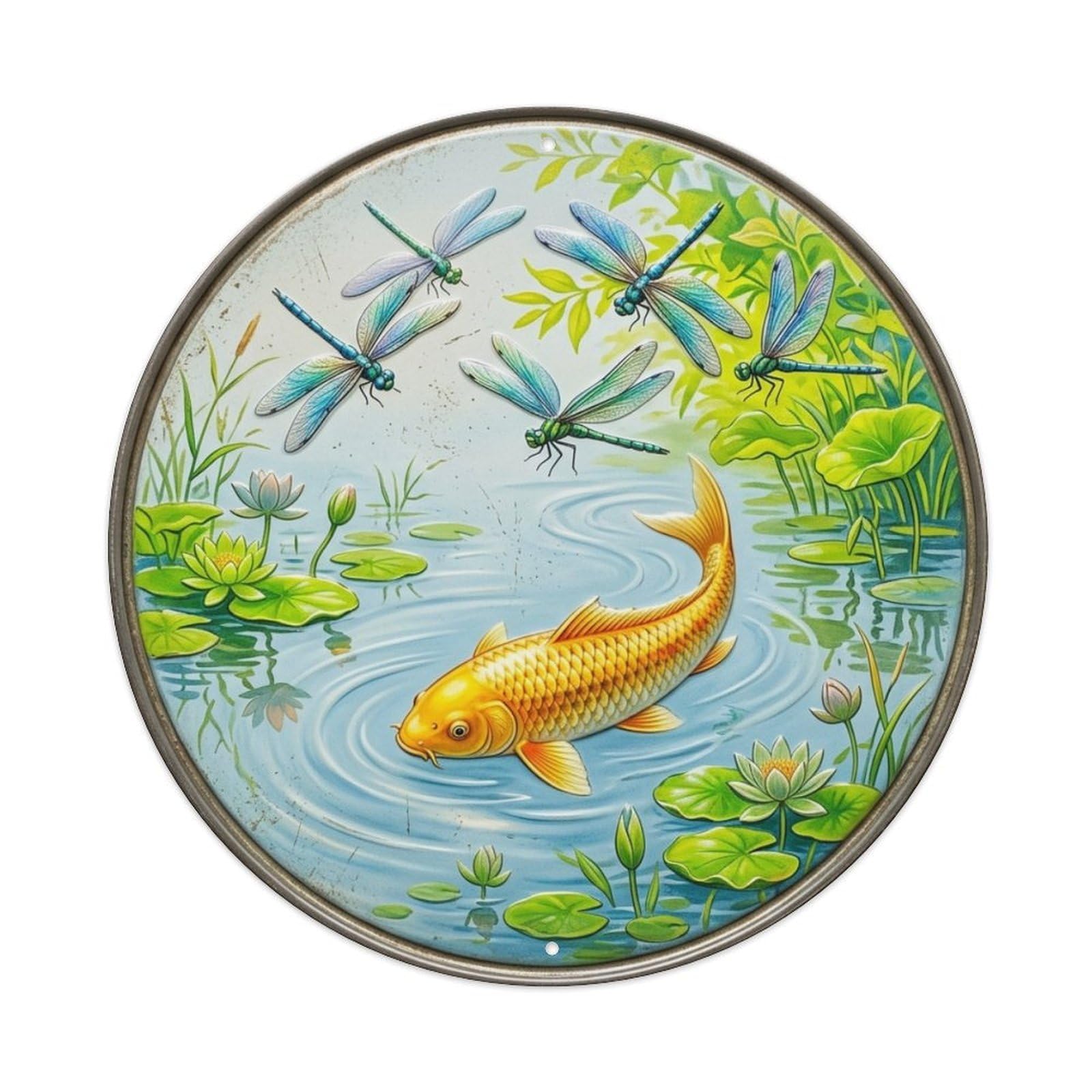 Dragonfly Summer Koi Fish Vintage Metal Tin Sign Plaque Wall Decor for Cafe, Club Bar, Office, Garden Metal Poster 8x8Inch