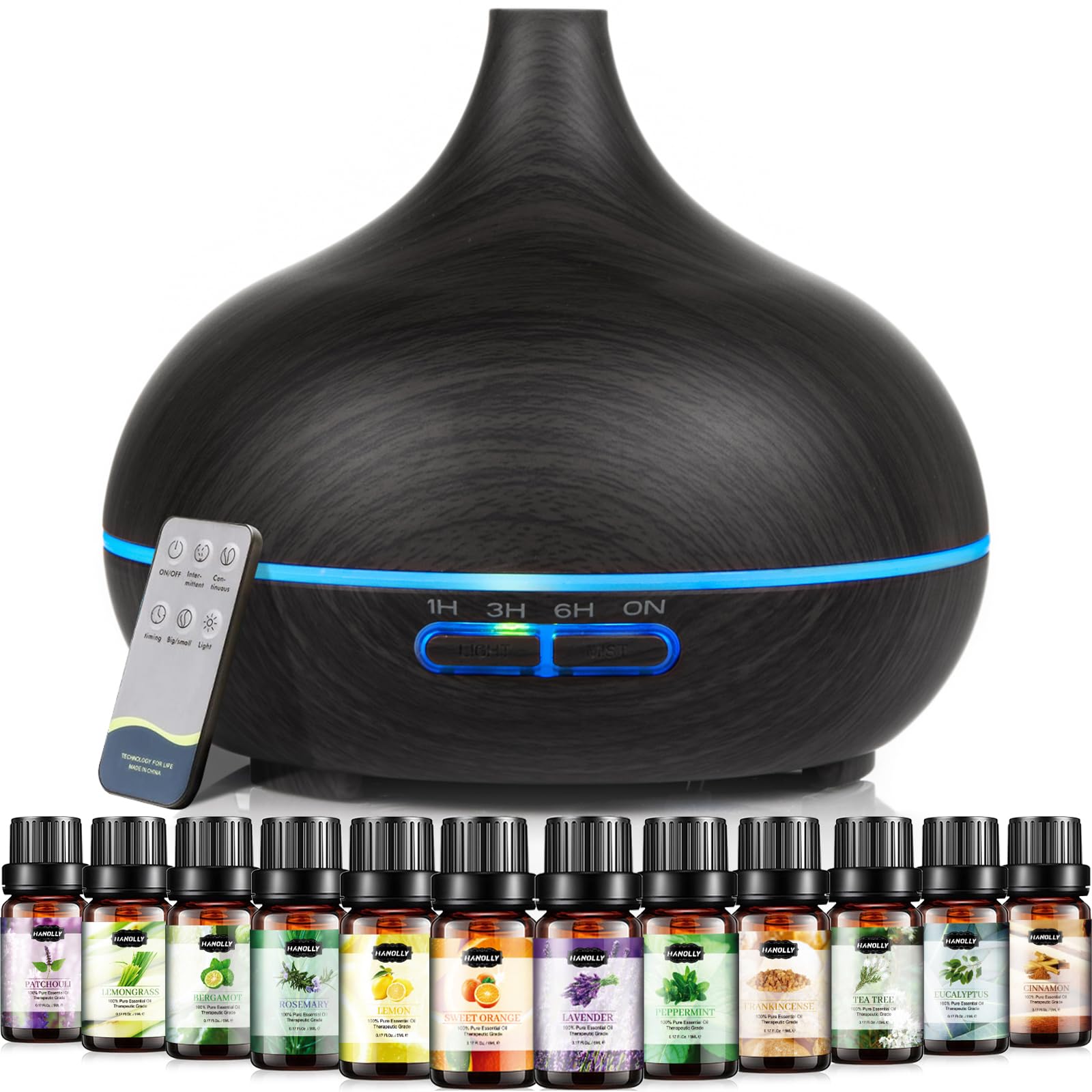 HANOLLY Diffusore di Oli Essenziali 550 Ml, Umidificatore Ambiente con Con Set di 12 X 5 Ml Olio Essenziale, Ultrasuoni Diffusore per Aromaterapia Elettrico con Telecomando, 4 Timer e 7 Colori LED