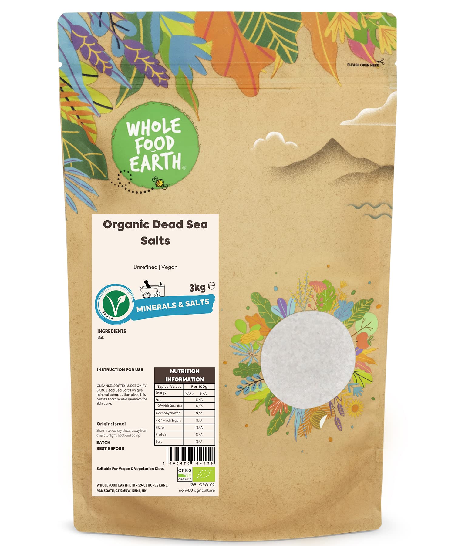 Wholefood Earth Organic Dead Sea Salts – 3 kg | Unrefined | Vegan | Certified Organic