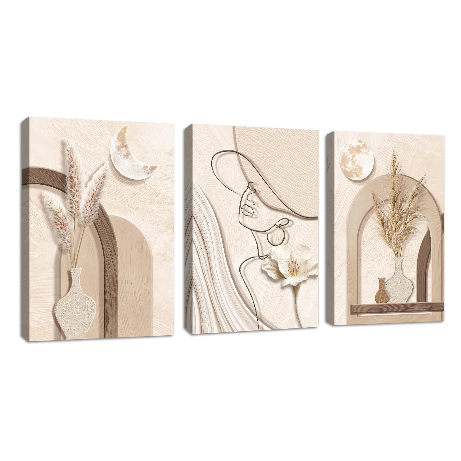 3 Pcs Abstract Tan Cream Geometry Plants Canvas Wall Art Prints, Neutral Beige Reed Pictures for Bedroom Walls Minimalist Woman Silhouette Canvas Paintings Home Decor for Living Room Office 30X40cmX3 — image 1