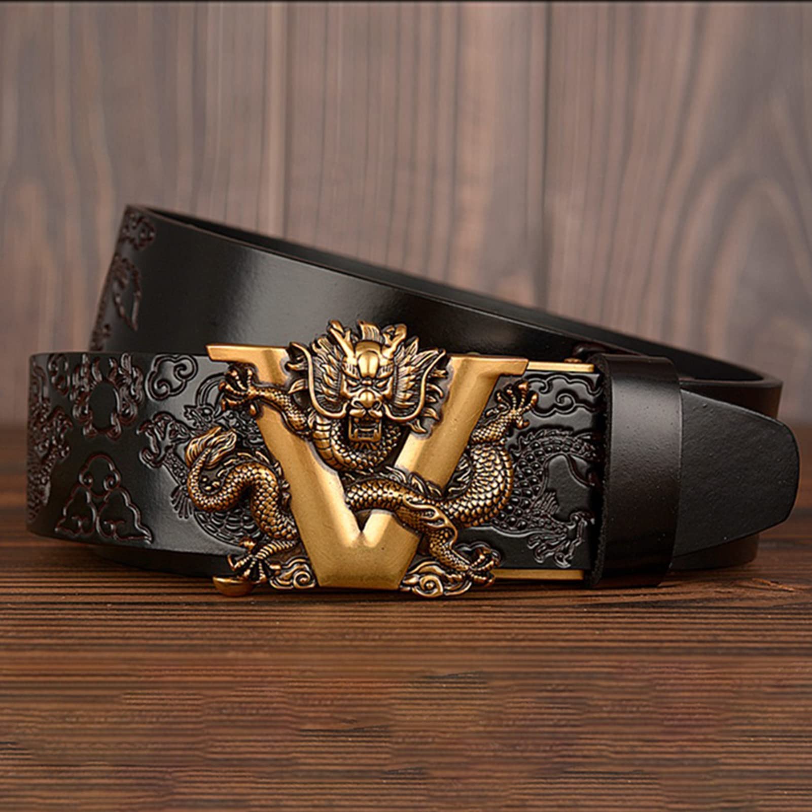 Herren Ratschen Gürtel, Automatik Ledergürtel Kürzbar mit automatischem Schnallen Geschnitztes Gold Drachen Gürtelschnalle für Jeans Anzug Hose(130cm/waist:45", Dragon~A)
