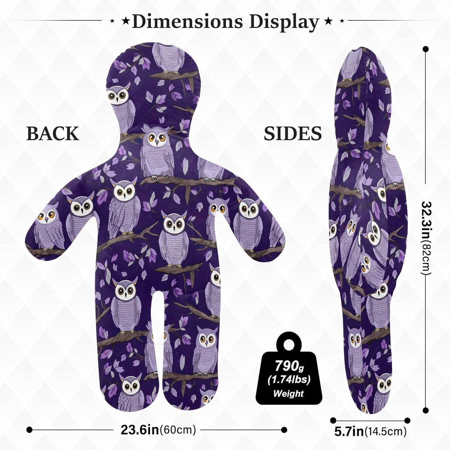 Purple Owls Human-Shaped Pillow Soft Body Pillows Washable Velvet Pillows for Anxiety Relief Sleeping Cuddling & Support