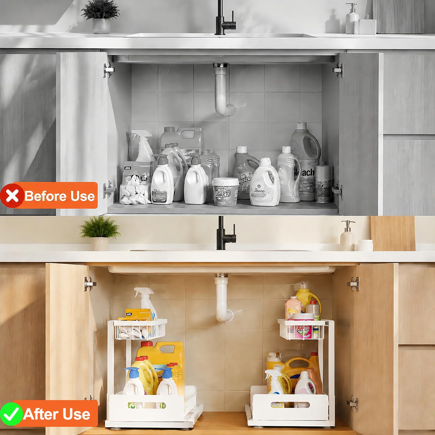 devesanter Unter Waschbecken Regal ausziehbar,2 Etagen Metall Lagerregal,Küchen- & Badezimmerschrank Organizer,Platzsparend für Vorratskammer Weiß