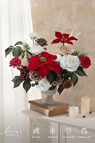 Miniatura 2 de Ling's Moment Flores de Navidad artificiales, flores de Pascua rojas artificiales y vegetación, combo de lujo para ramo de novia de boda, centros de