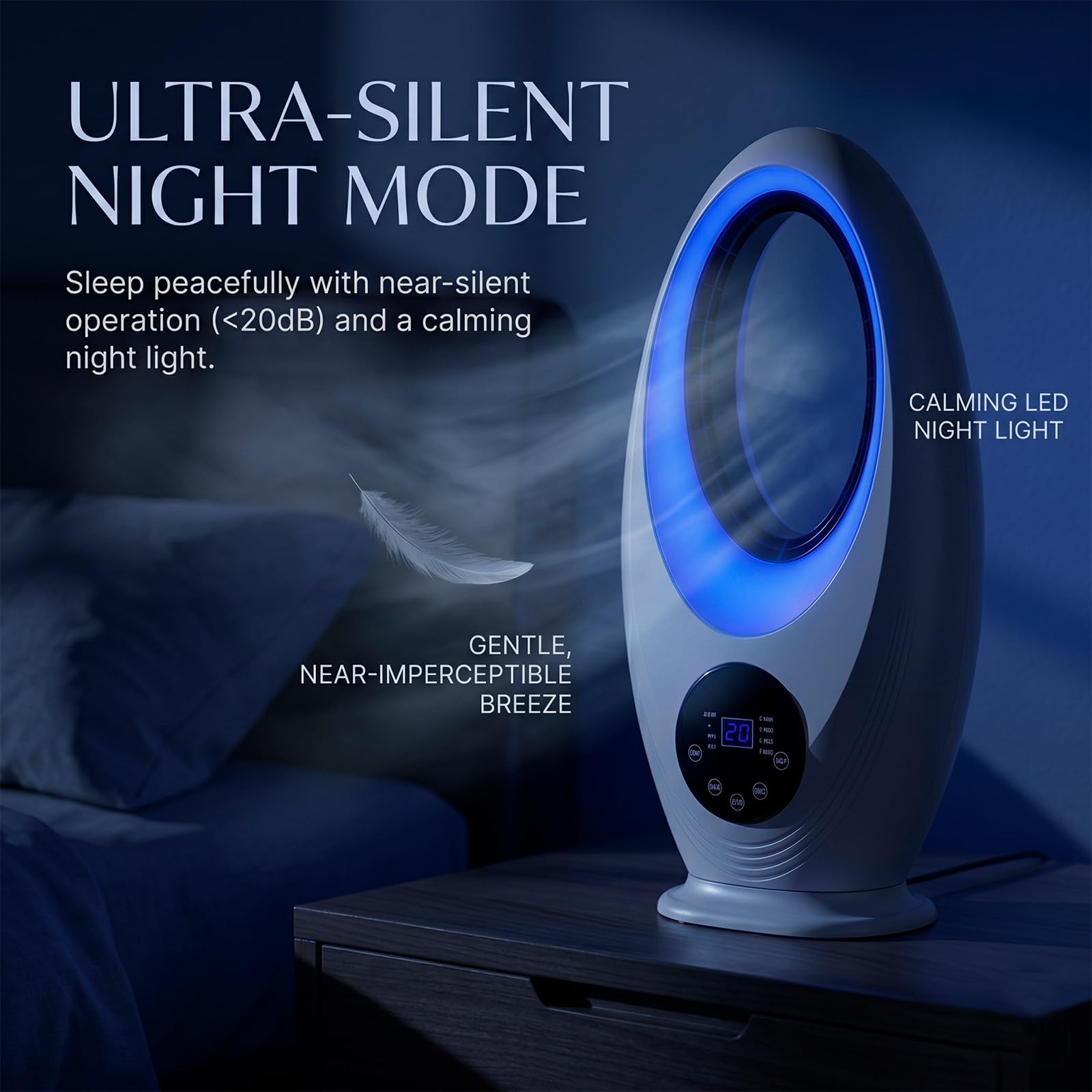 Ventilatore a Torre Senza Pale | Rotazione 60º | Telecomando | 3 Livelli di Velocità | Timer 7,5 ore | Condizionatore Portatile | con Luce Notturna | Casa