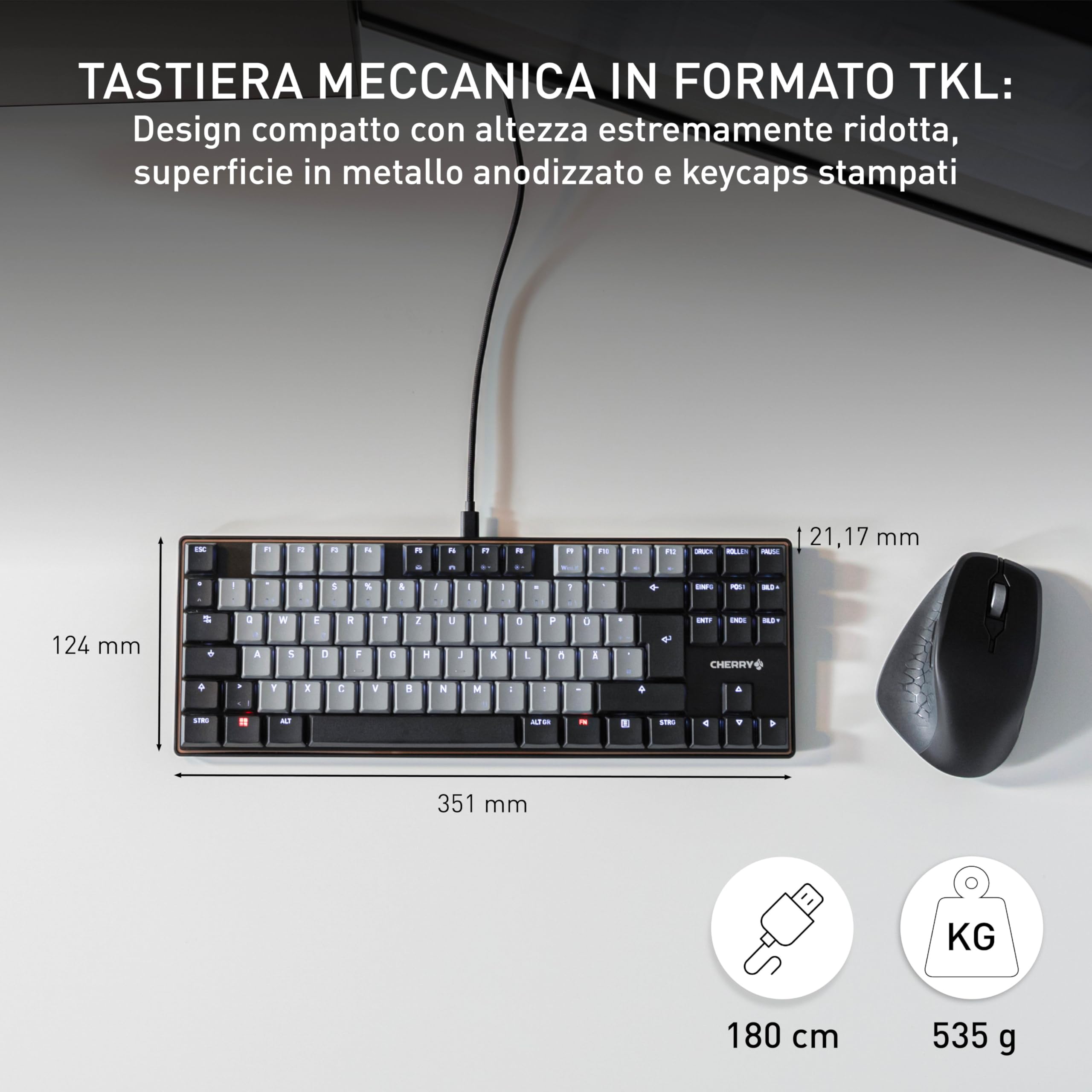 CHERRY KC 500 MX LP TKL, Tastiera Meccanica A Basso Profilo Senza Tastierino Numerico, Layout Tedesco (QWERTZ), USB-A, Interruttori MX LP 2.0 IVORY, Nero