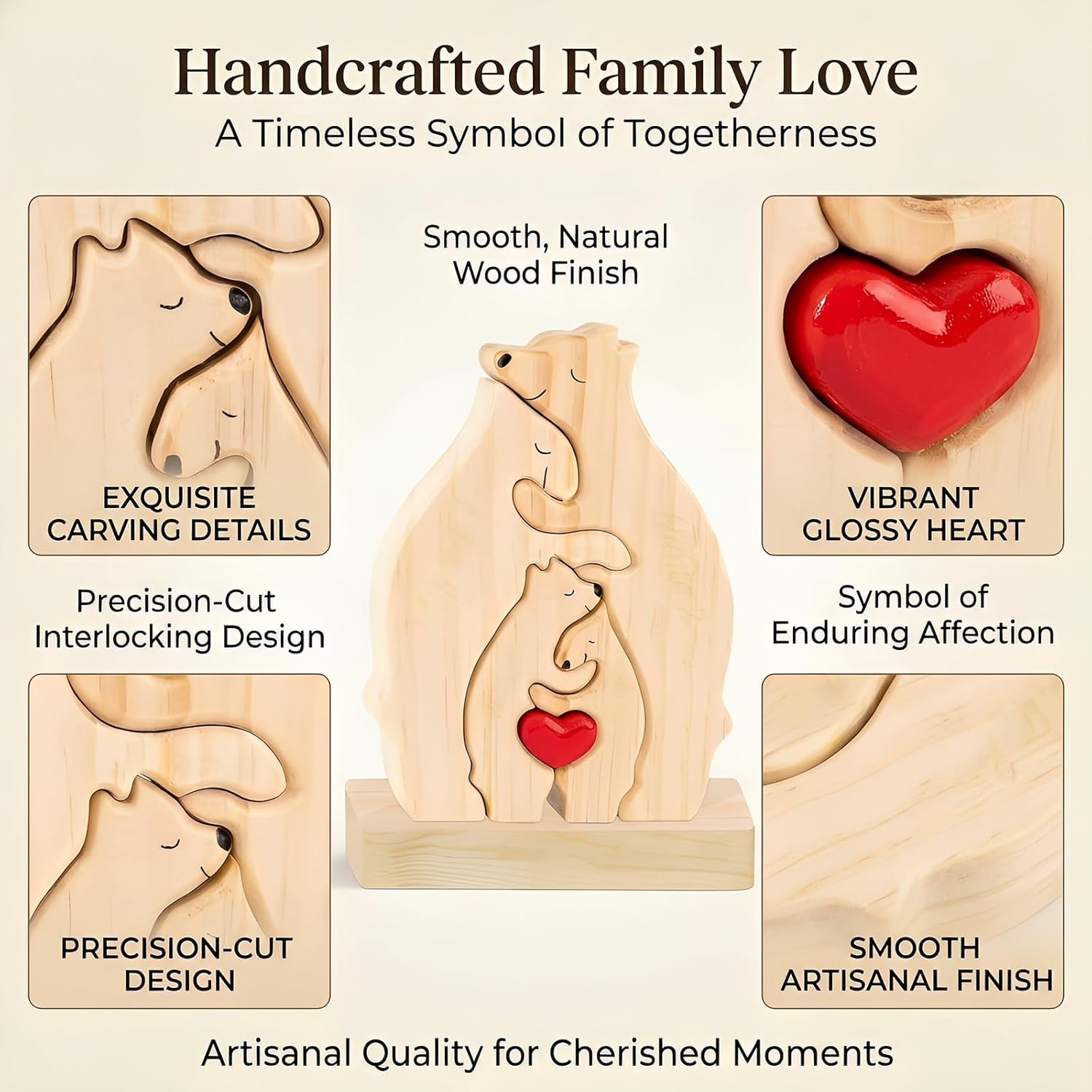 Personalized Wooden Bears Family Puzzle with Heart Decorations, Blank Bear Sculptures with Base for Home Decor, Housewarming Birthday Gift for Parents (4 Bears)