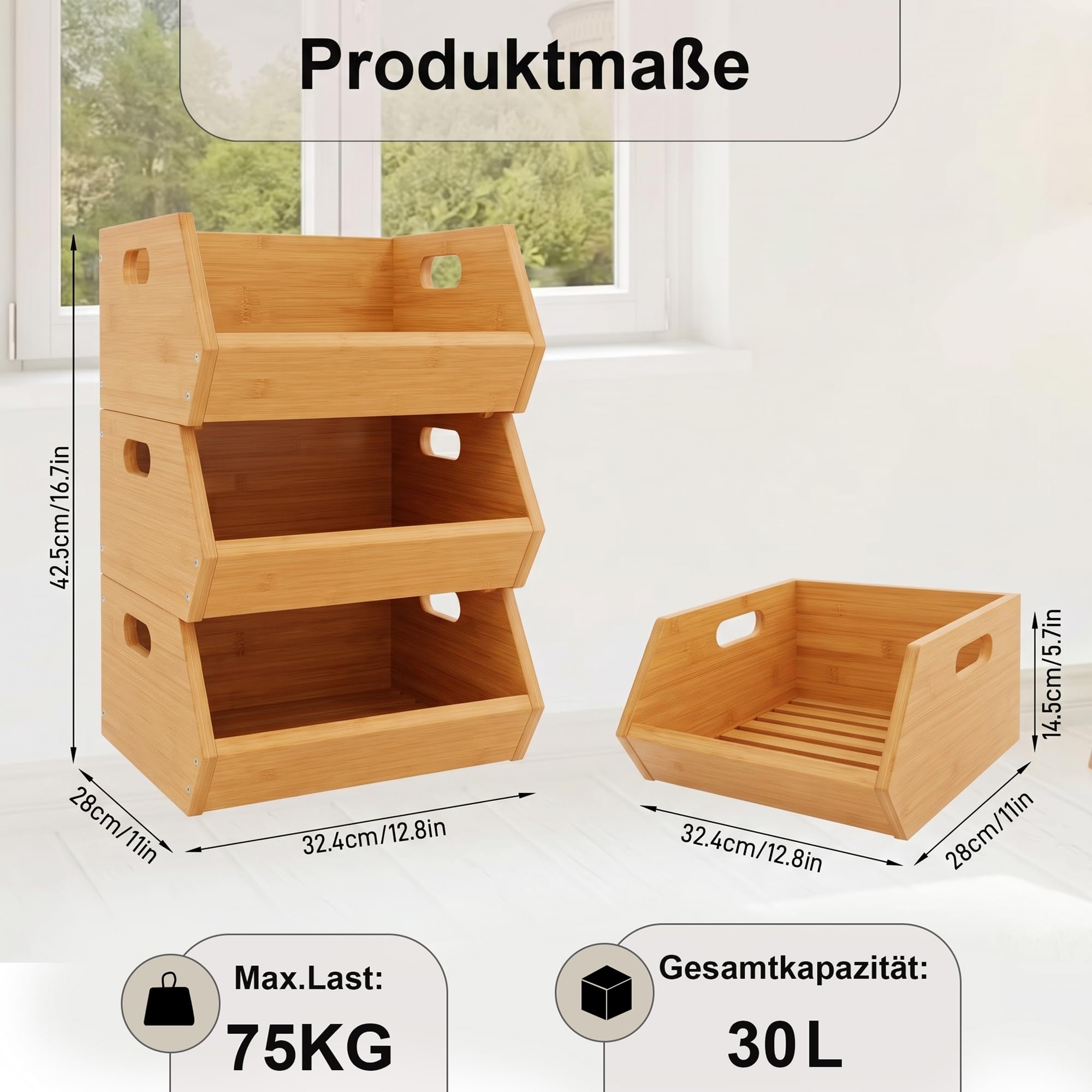 ADEL DREAM Panier à Fruits en Bambou à 3 Niveaux, Paniers Amovibles | 3 paniers séparés ou empilés, parfaits pour fruits, légumes, pain, snacks et objets du quotidien