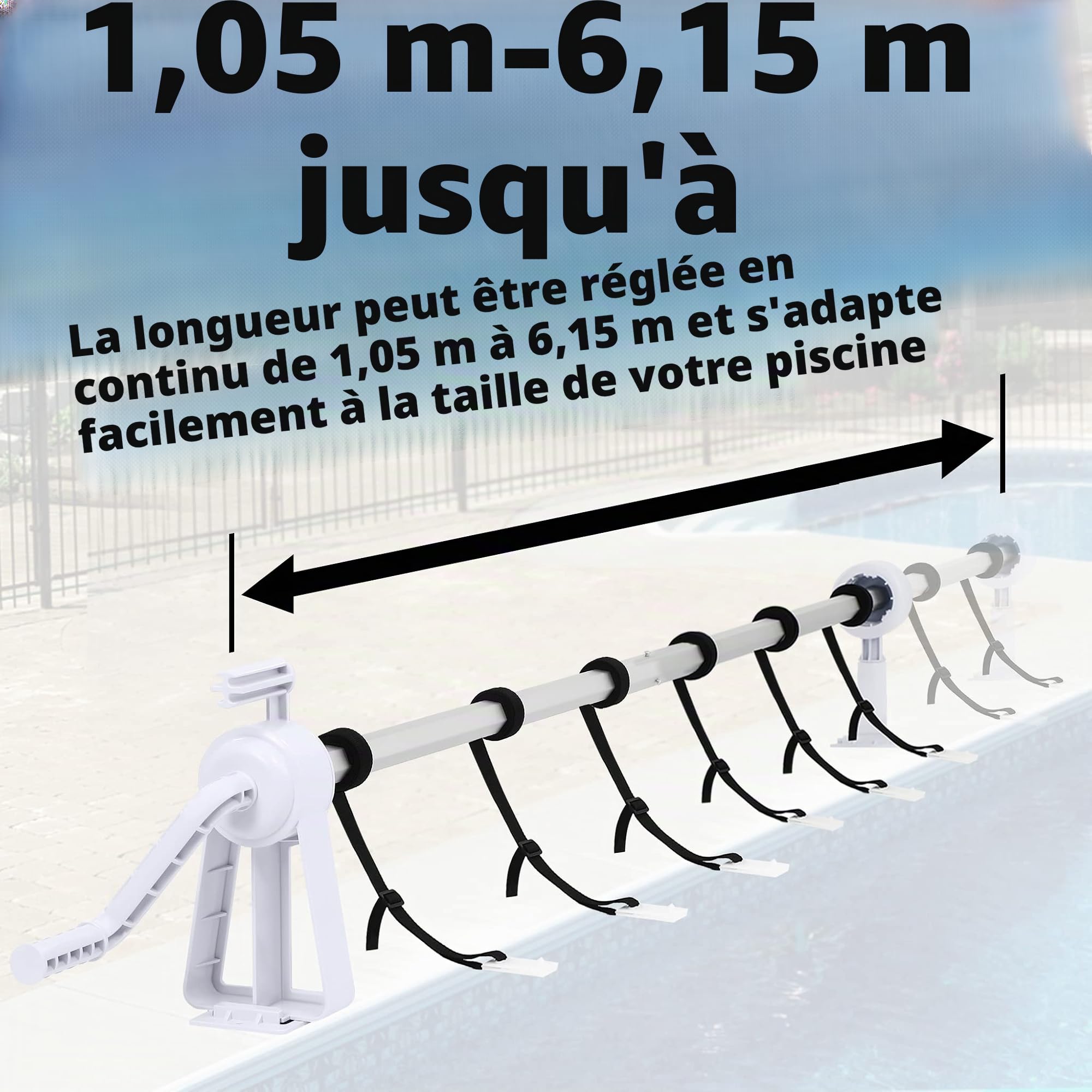 HENGMEI Système d'enroulement de piscine avec bandes de fixation pour films solaires, bâches de piscine et couvertures de 105 à 615 cm