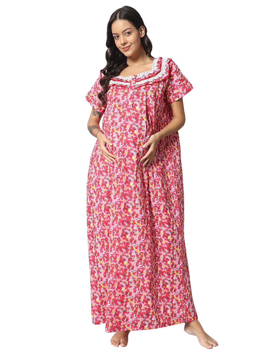 Women Maternity or Feeding Nightgown Soft and Comfortable Nighty Pure Cotton Green Color-image-26