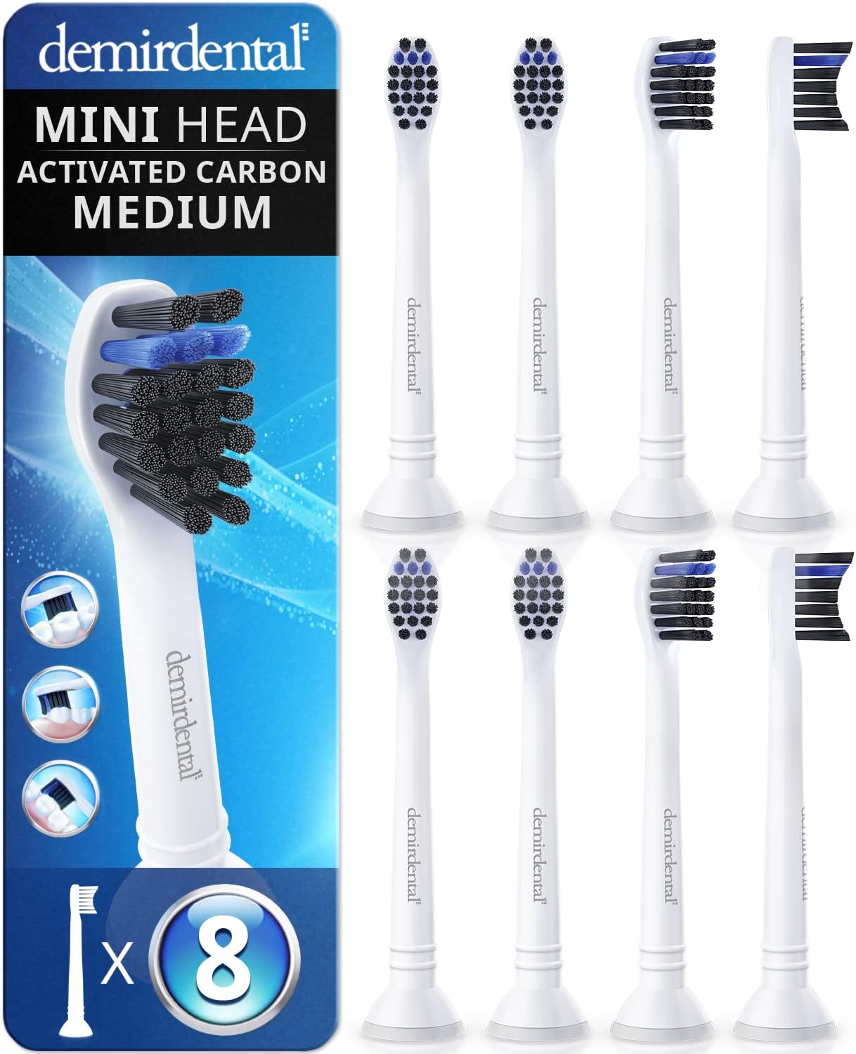 demirdental Active Charcoal Mini Medium Replacement Brush Heads Compatible with Philips Sonicare – Small White Toothbrush Heads for Daily Natural & Precision Cleaning – Replaces HX4088M – 8 Pack
