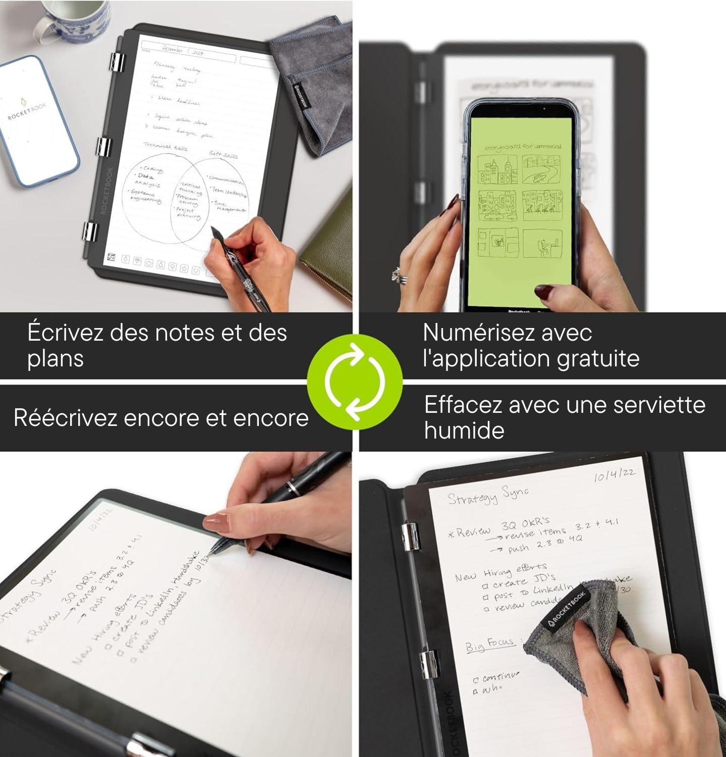 Rocketbook Carnet de notes numérique réutilisable – Carnet intelligent A5 noir, 20 pages, reliure à spirales, papier pointillé et ligné, couverture en cuir vegan avec stylo effaçable Frixion