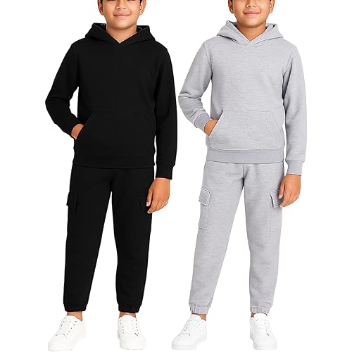 Quad Seven Boys Sweat Suit Set - 4 Piece Soft Fleece Pullover Hoodies and Athletic Cargo Jogger Sweatpants for Boys (5-18)