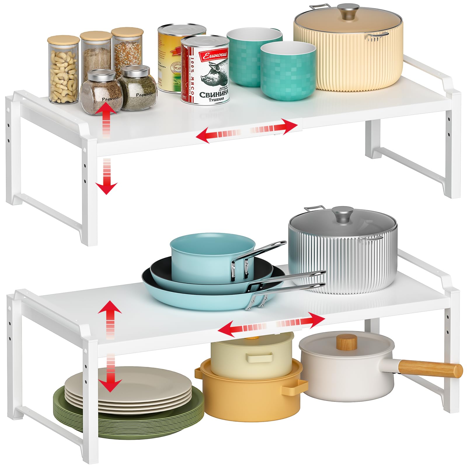 X-cosrack 12" Wide 100LBS Loading-Bearing Heavy Duty Kitchen Storage Shelf, Expandable Cabinet Shelf Organizer, Stackable Adjustable Storage Shelves for Kitchen Cabinet Cupboard Pantry Counter