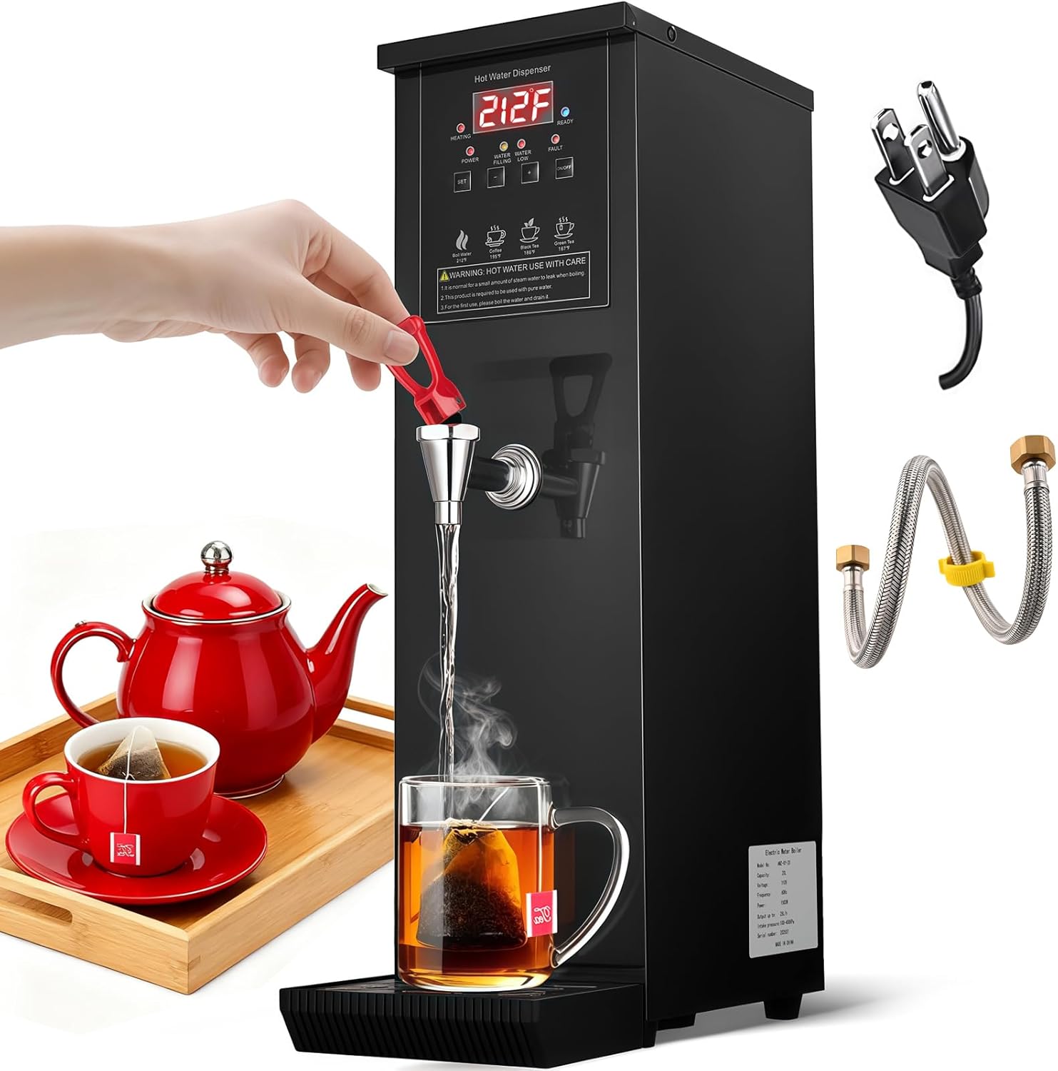 Commercial Hot Water Dispenser Commercial Water Boiler Countertop Auto-filling Water Hot Water Machine Step-heating 104-212°F Adjustable for Boba Tea Office Restaurant Hotel Black 1500W