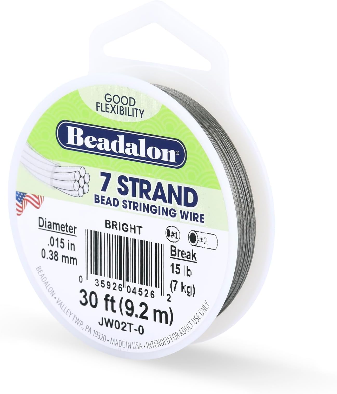 7-Strand Stainless Steel Beading Wire, Flexible & Durable Wire for Jewelry Making, Ideal for Necklaces & Bracelets, Nylon Coated, Seed Bead Stringing Wires, 30 ft, .015 in / 0.38 mm - Bright