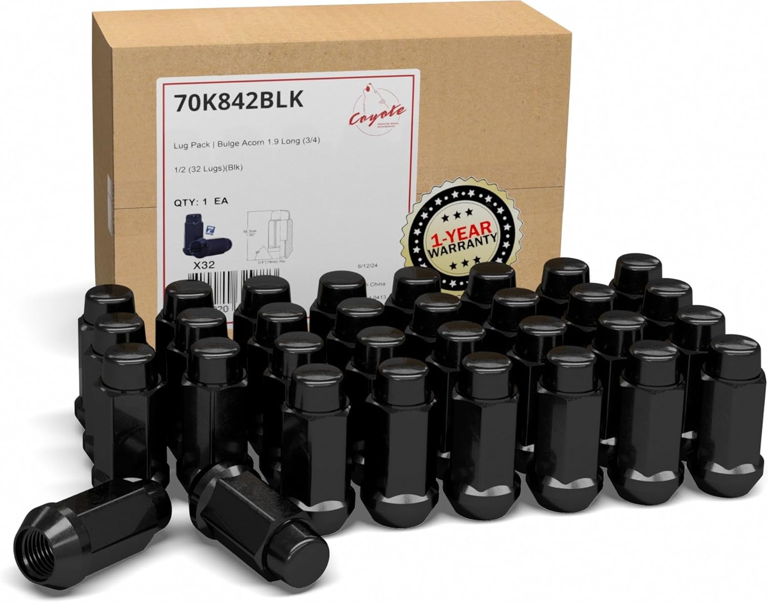 Wheel Accessories Parts 32 Pcs 1/2"-20 Thread Bulge Acorn 1.90" Long Lug Nuts Black Chrome 3/4" 19mm Hex Fits Dodge D200 D250 D350 Chevy C20 C30 K20 K30