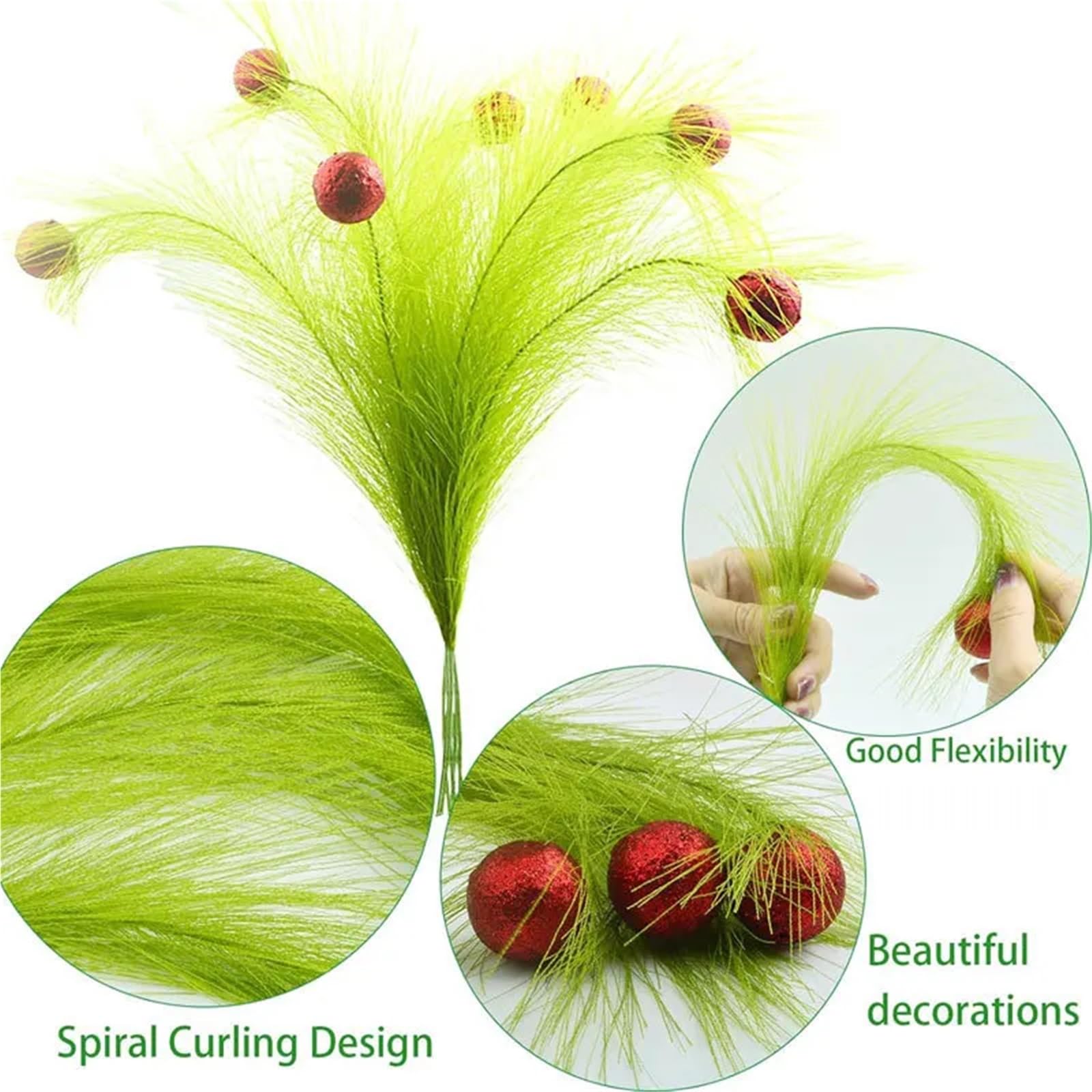 Herbe de Pampa Artificielle avec Boules Scintillantes, Plantes artificielles Vertes et Rouges for décoration Sapin Mariage(50pcs)