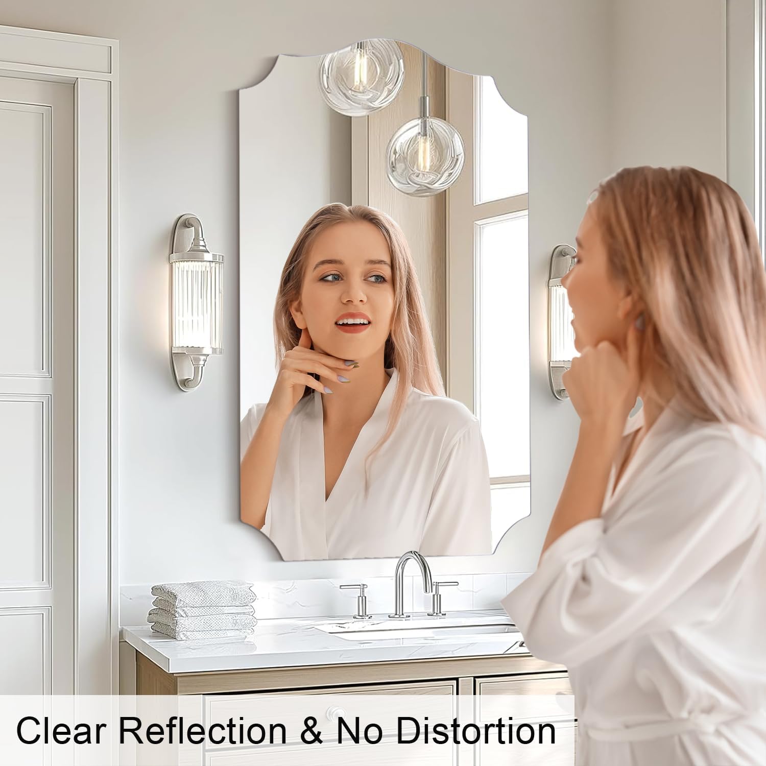 Large Arched Mirror Wall Decor Set of 2, 36"x24" Vanity Antique Mirror for Wall, with Irregular Scalloped Shaped Frame, for Bathroom, Entryway, Living Room, Bedroom