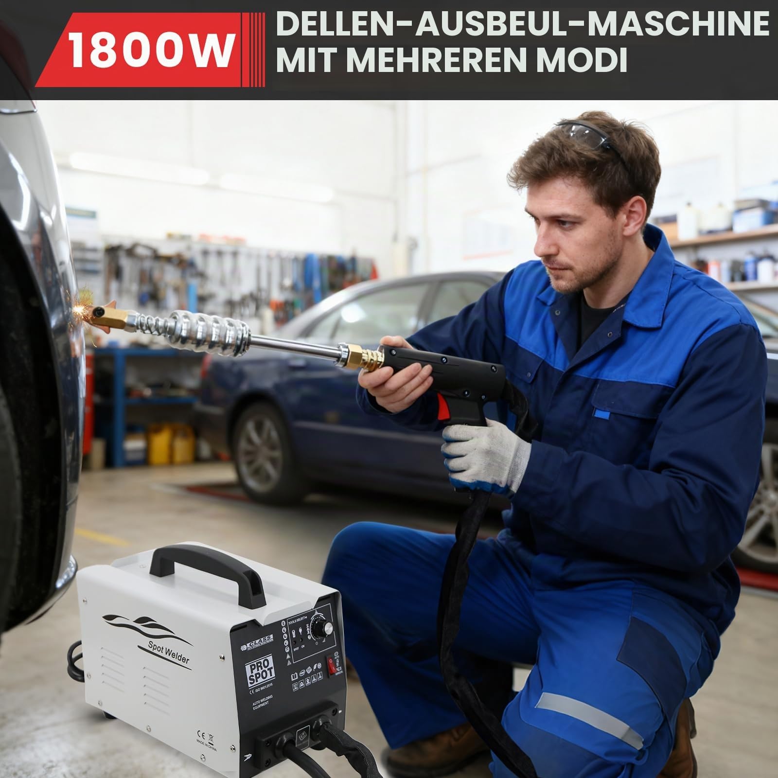 1,8KW Karosserie Ausbeulspotter, 220V Punktschweißmaschine mit Schiebehämmer & 7 verstellbaren Modi, Professioneller Dellenzieher für Auto- und Lkw-Karosseriereparatur, Werkzeug zur Dellenentfernung