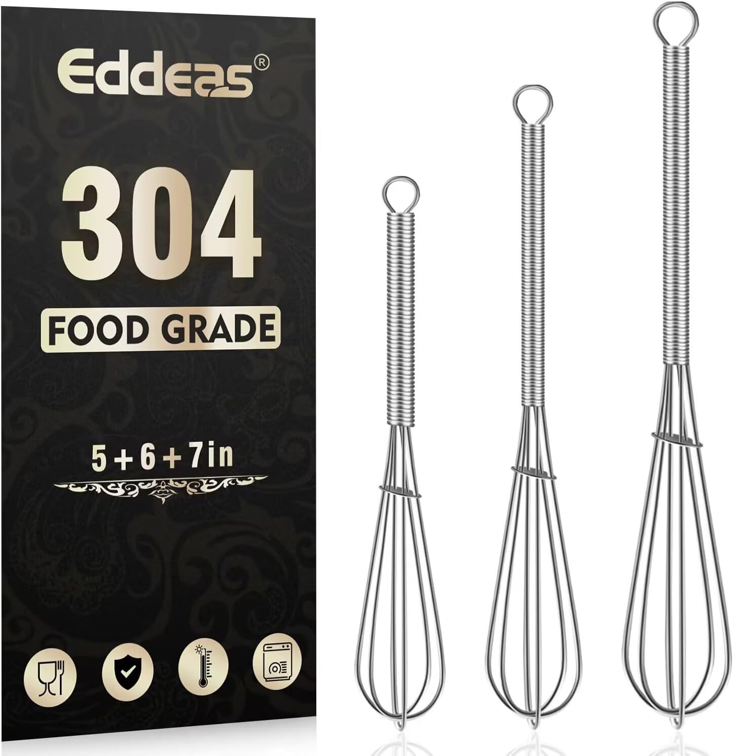 Eddeas Small Whisk Stainless Steel, Mini wire whisk 3 Pieces, 5in, 6in & 7in Tiny Whisks Perfect for Whisking, Beating, Mixing Sauces & Blending Ingredients.