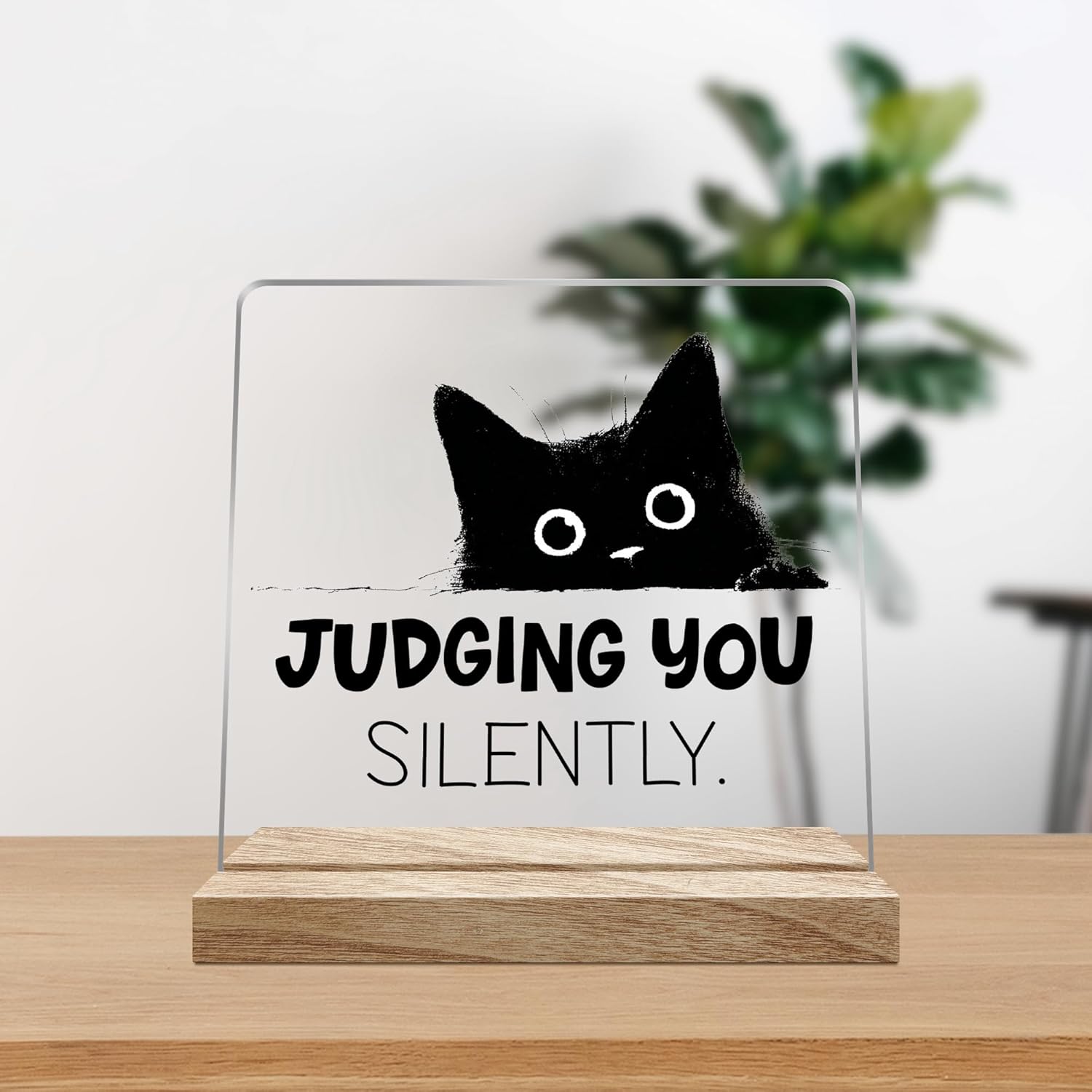 Funny Cat Office Desk Decor Gifts for Women, Black Cat Judging You Silently Desk Sign Decorations, 4x4 Inches - Image 2