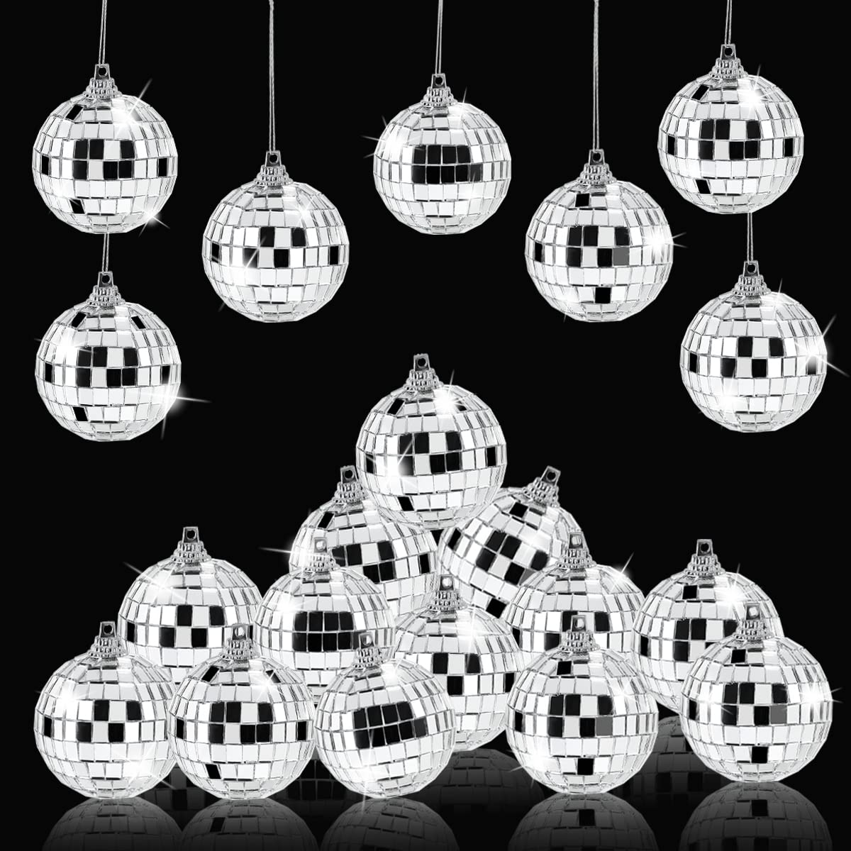 24 Pieces Mirror Disco Ball Ornaments Reflective Mirror Ball 2" Inch Silver Hanging Ball Cake Decoration 70s Disco Themed Party Decoration for Christmas Tree Dance Music Festive Decor