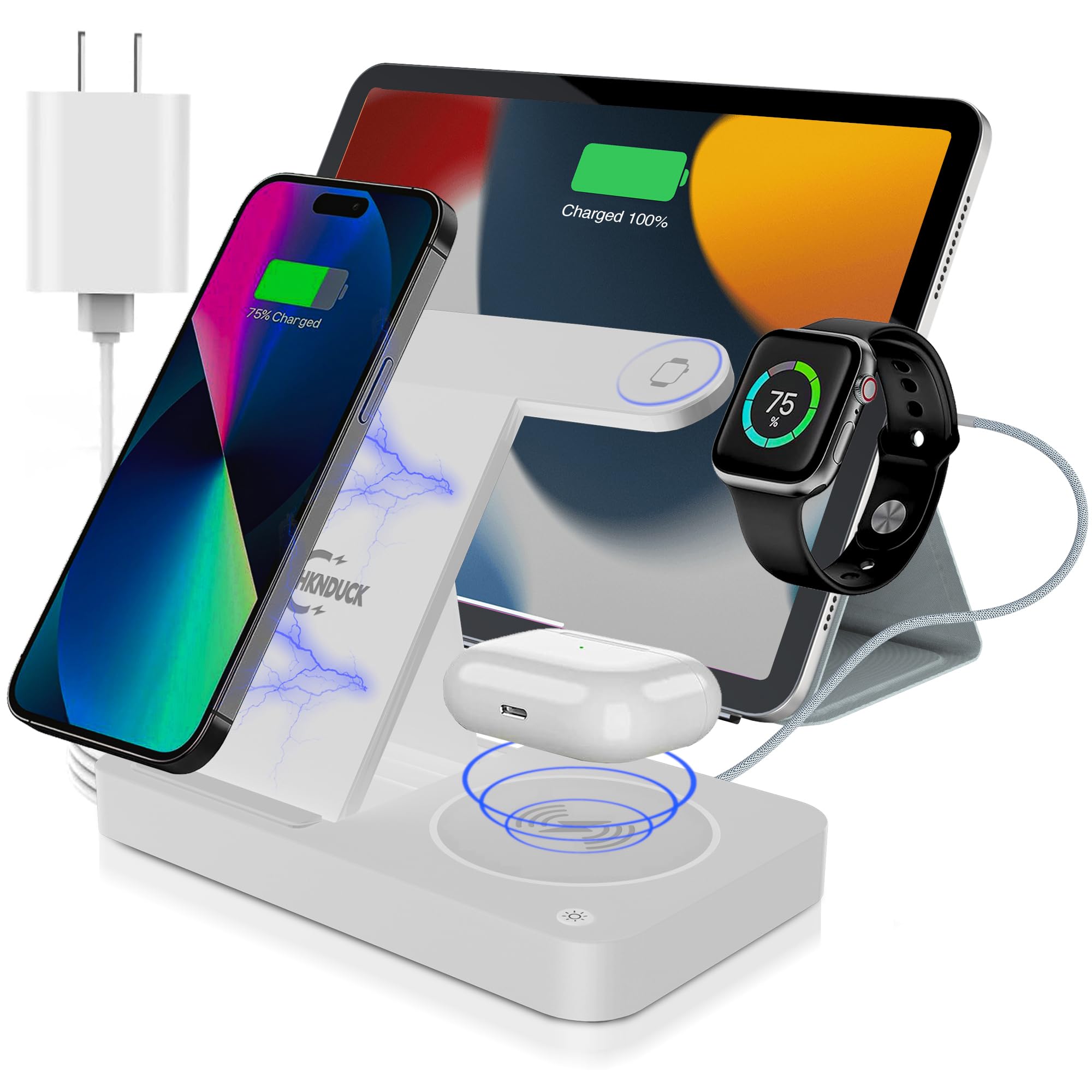 4 in 1 Wireless Charging Station - Fast Charging Station for Apple Devices -iPhone Charger for iPhones 15/14/13/12/11-Apple Watch Charger - Airpods Charger - Wireless Charger - Foldable Charger- Cream