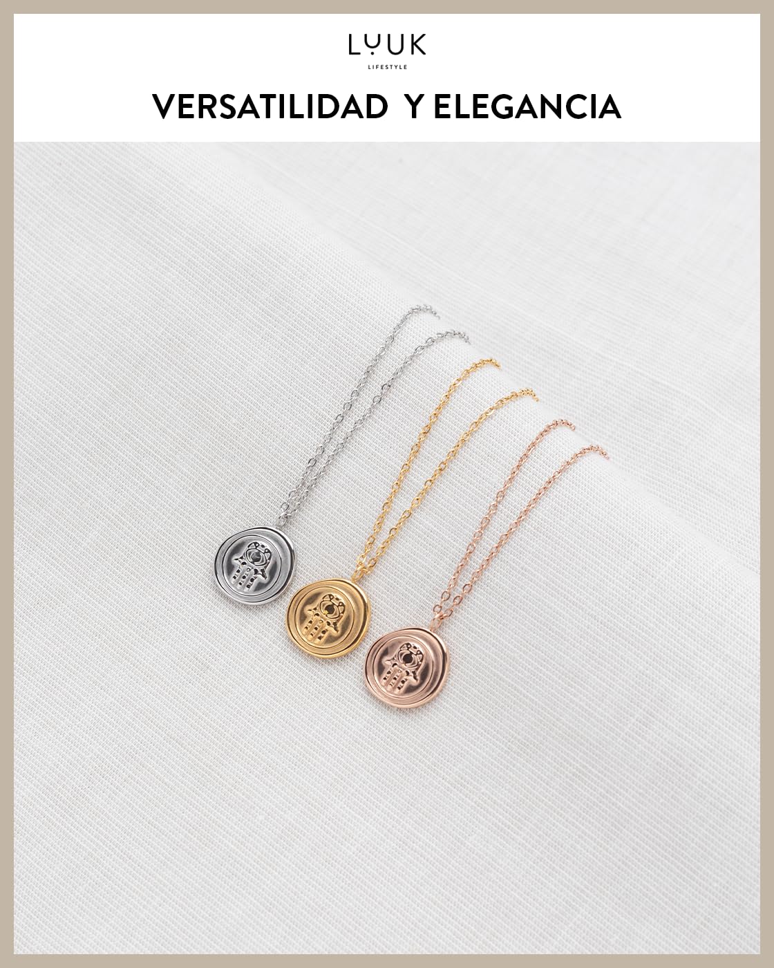 LUUK LIFESTYLE Collares de acero inoxidable para mujer con finos amuletos de la suerte y tarjeta mensaje HAPPINESS, Idea de regalo Mujer, Hermana, Hija, Navidad, Plateado, Dorado, Oro rosa (50cm ca.)