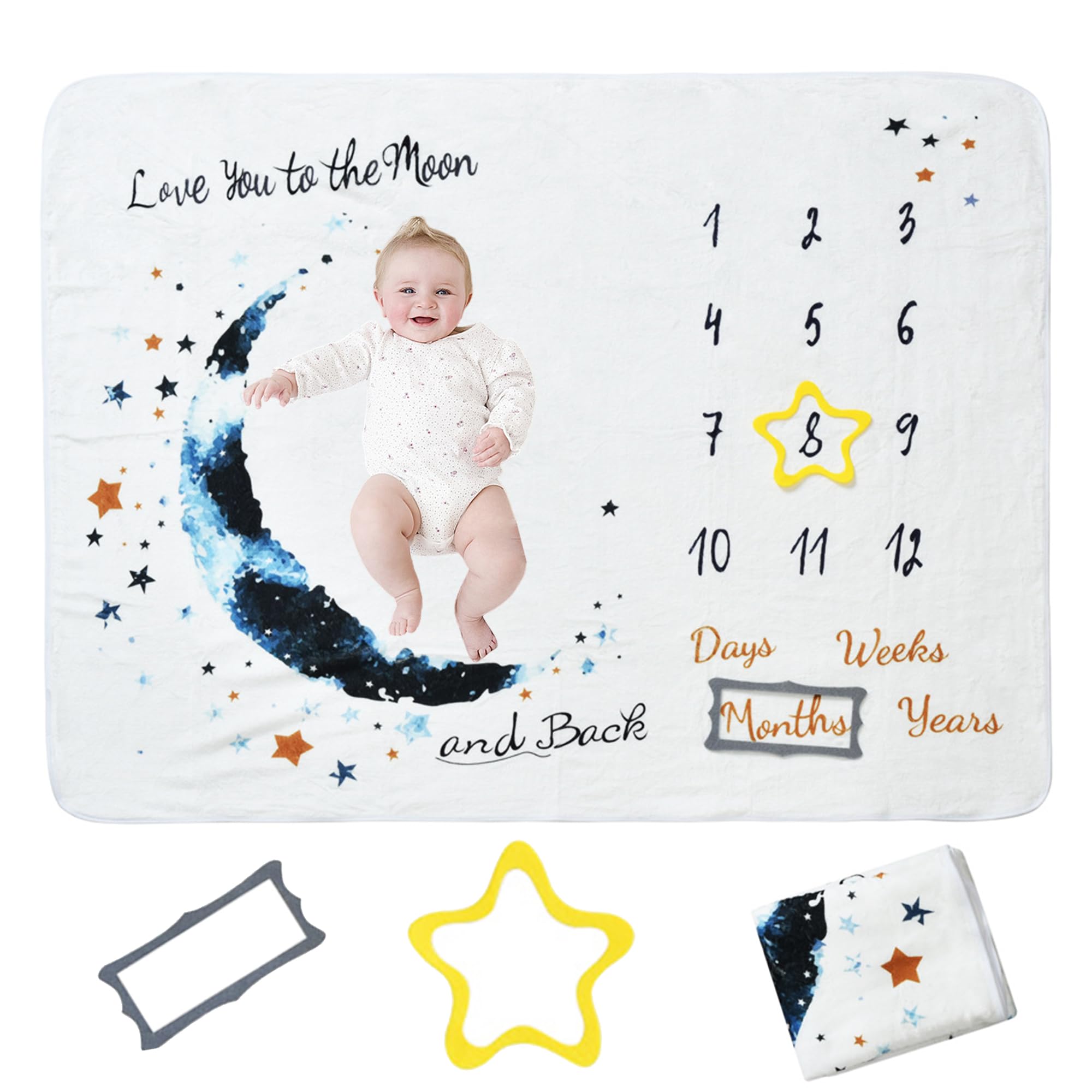 Manta Meses Bebé, Personalizada Unisex para Baby Shower, Temática Luna, Tarjetas De Hitos, Regalo Personalizado De Nacimiento, Suave Y Gruesa, Incluye Marcos, 120x100cm