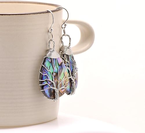 Miniatura 3 de Handmade Teardrop Abalone Shell Dangle Earrings for Women, Wire Craft Tree of Life Earrings