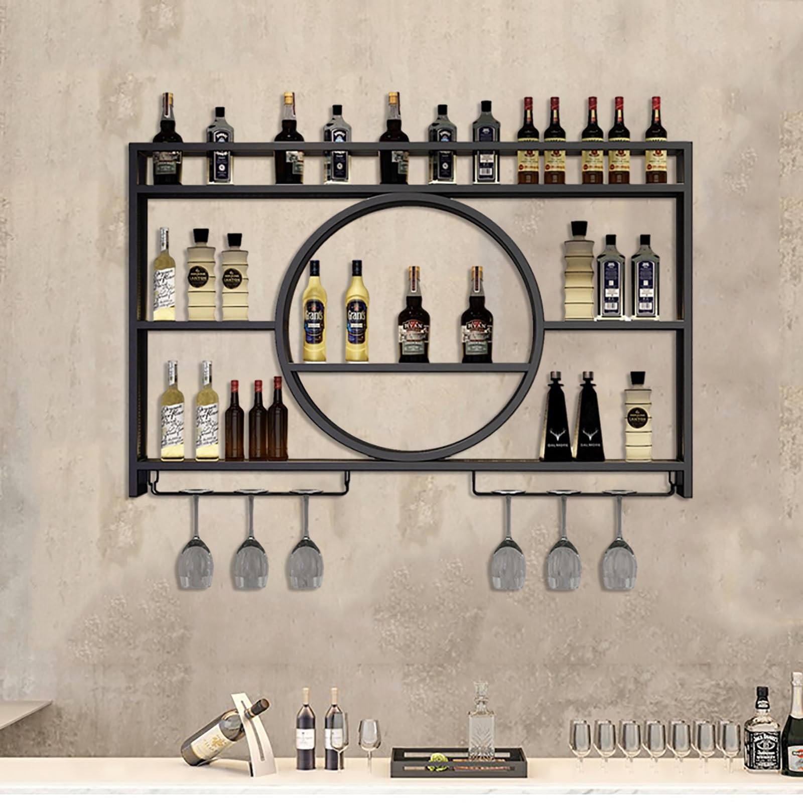 Étagère de bar en fer noir illuminée pour décoration salon et rangement de cuisine