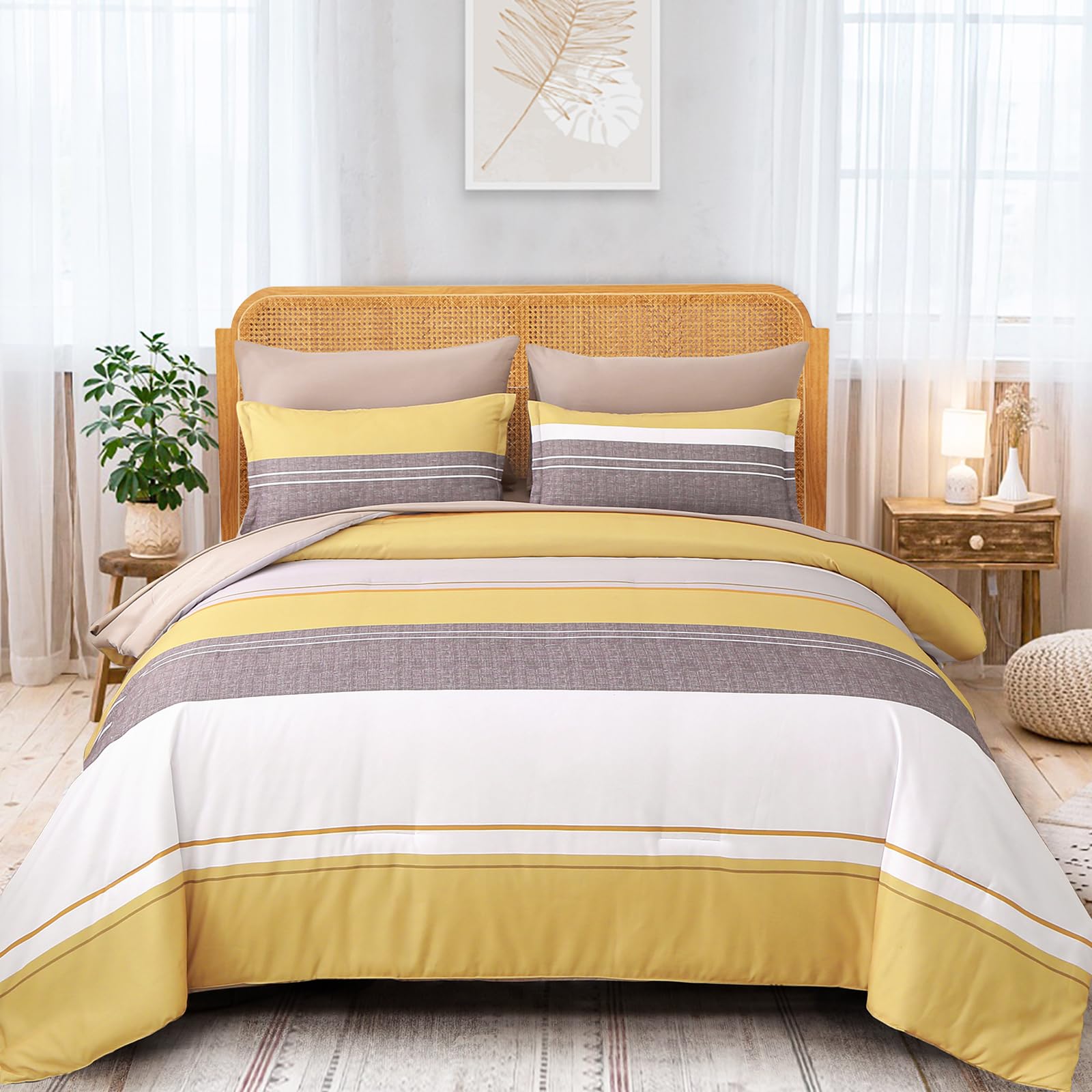 Queen Comforter Set 7 Pieces Yellow Striped Bed in a Bag Modern Soft Microfiber Bedding Comforter Set with Flat Sheets Fitted Sheet Pillowshams