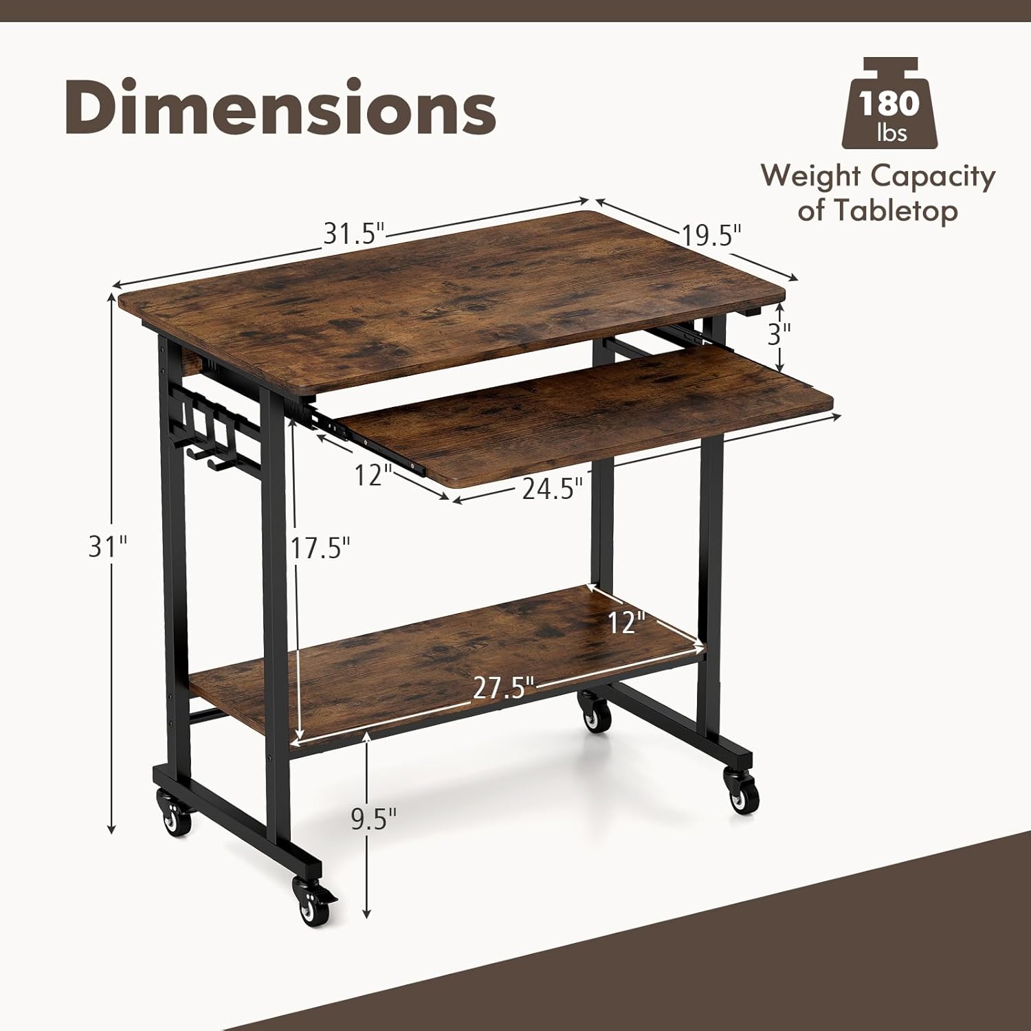 LDAILY Moccha Rolling Computer Desk, Mobile Computer Desk with Keyboard Tray, Portable Laptop PC Desk Open PC Stand, 3 Earphone Hooks, Wooden Computer Cart for Office, Home