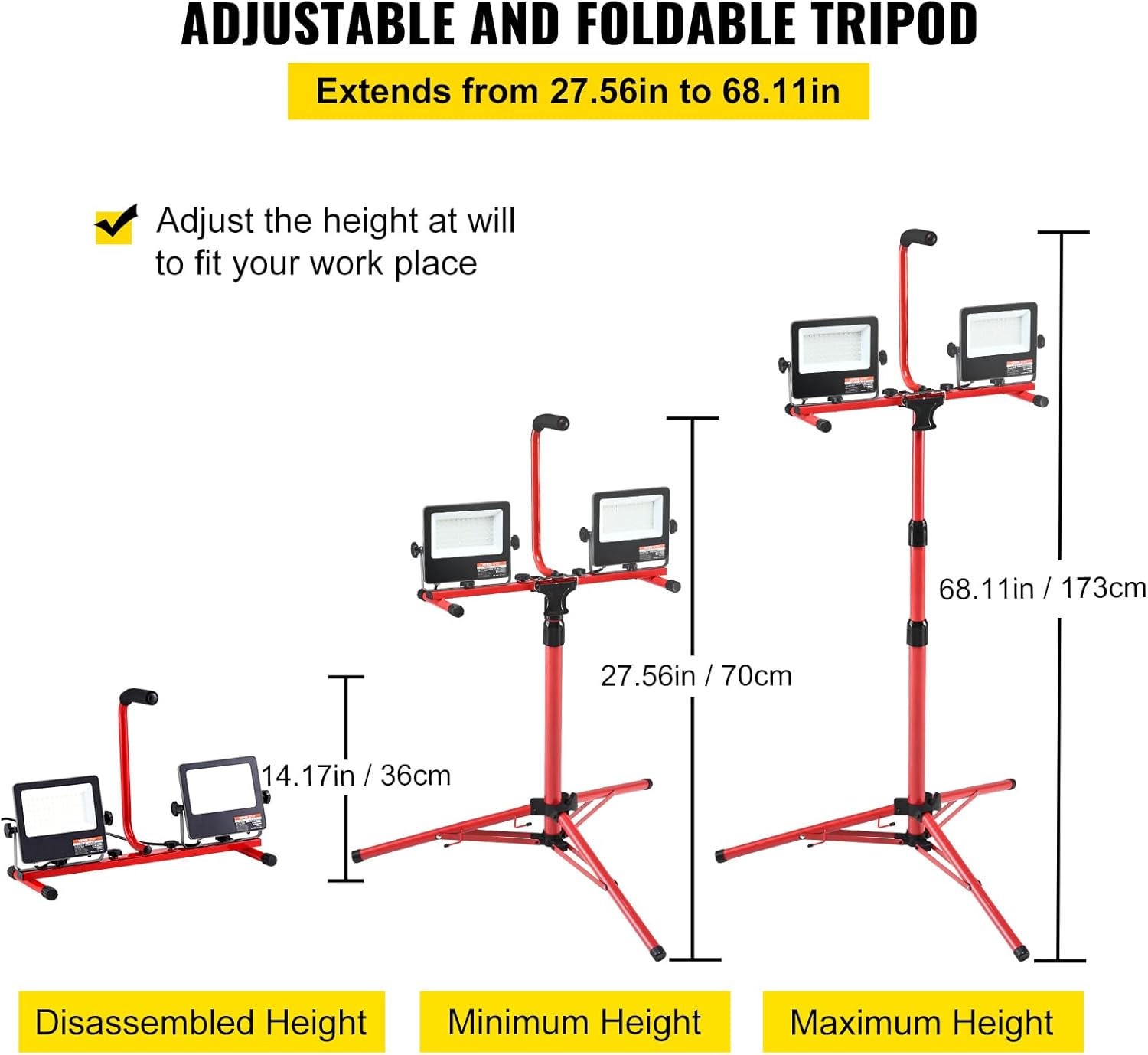 VEVOR LED Work Light with Stand, 10000 Lumen Dual-head LED Work Light with 27.6"-68.1" Adjustable and Foldable Tripod Stand, IP65 Waterproofed LED Tripod Work Light, with 5000 Kelvin Color Temperature